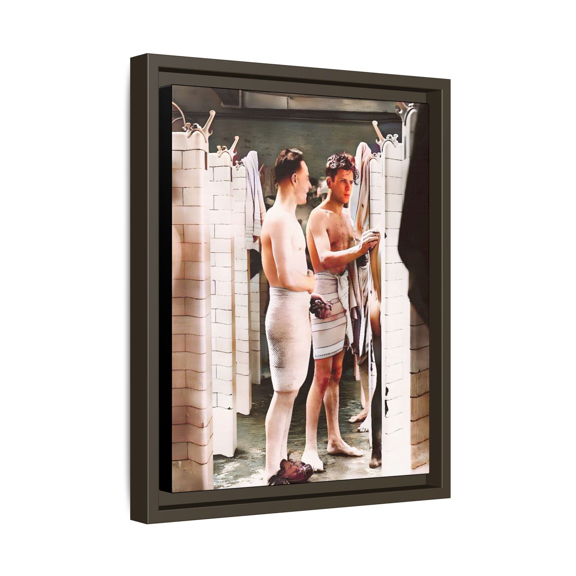 A restored and colorized vintage photo of Everard Baths in Manhattan, NYC. This framed matte canvas print celebrates LGBTQ+ history, capturing the spirit of camaraderie, liberation, and hidden stories from the past.