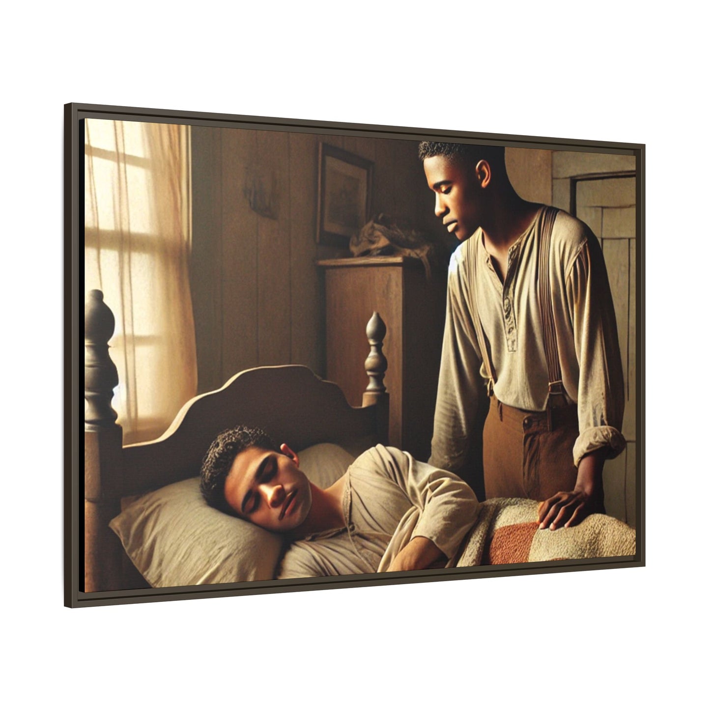 Grant 007 artwork depicting an African-American queer couple in a tender, intimate moment within a rustic bedroom. This scene, bathed in warm, nostalgic light, captures the love and quiet resilience of rural life, celebrating LGBTQ+ representation and African-American heritage.