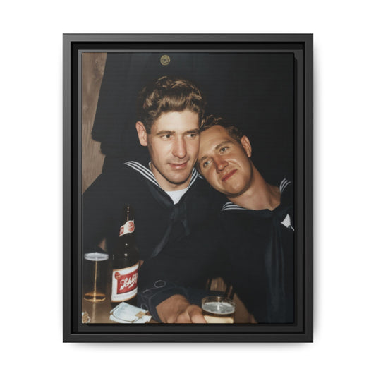 Mid-20th century naval double portrait of two sailors seated at a table with bottles and drinks