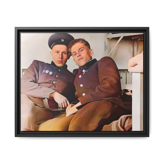 A restored vintage photograph of two Russian soldiers in uniform, seated together in their quarters in Volgograd, Russia. Their relaxed postures and warm expressions capture a moment of camaraderie, resilience, and military history. A powerful tribute to LGBTQ+ representation in the armed forces. Gay Couple Винтажное фото  гей-пара