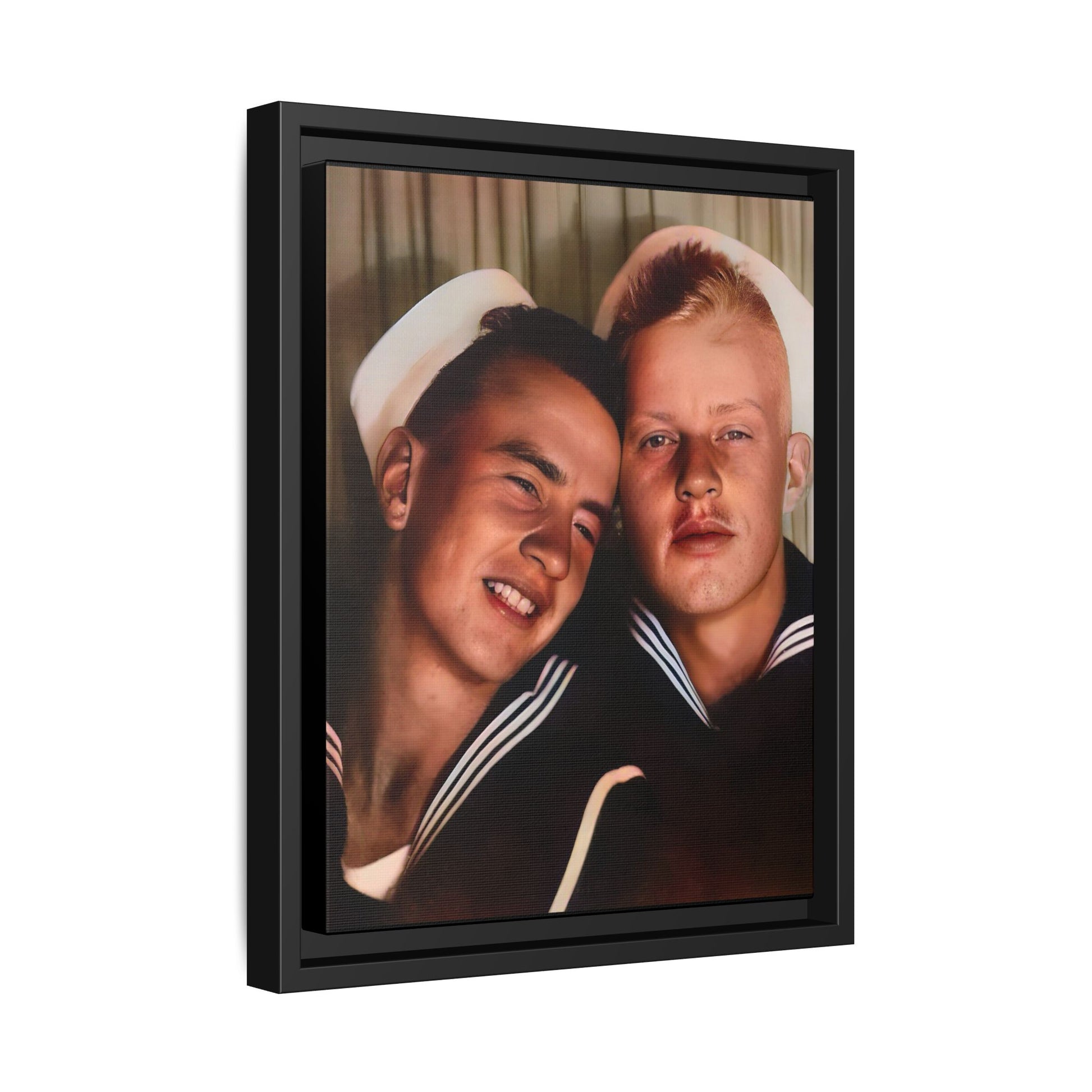 A framed vintage sailor portrait on matte canvas featuring Ray and Clyde in Newport, Rhode Island, capturing timeless LGBTQ+ love and companionship. Gay Couple Photo Booth