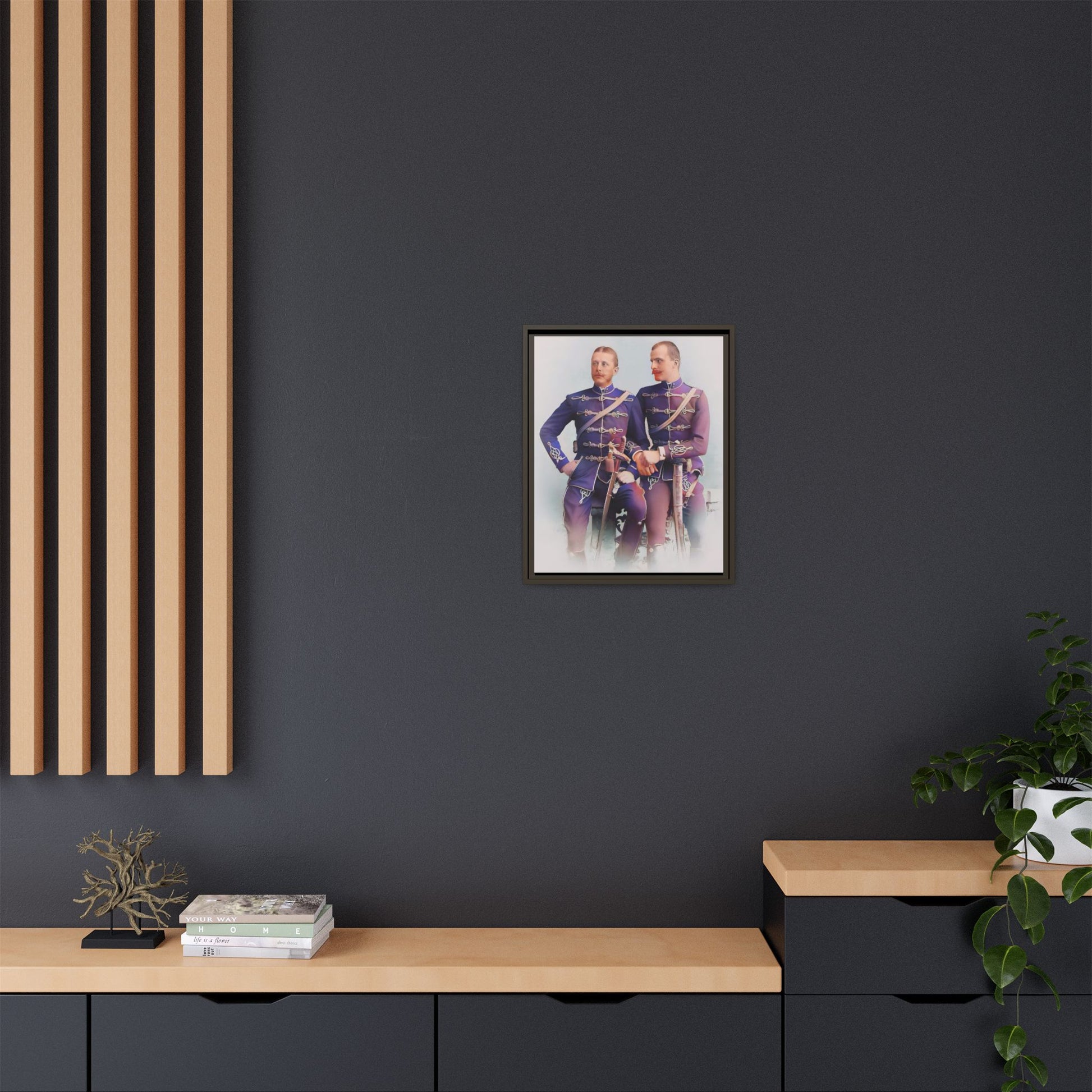A restored vintage military portrait of Nicolae & Valeriu, elegantly framed to honor LGBTQ+ history and love.