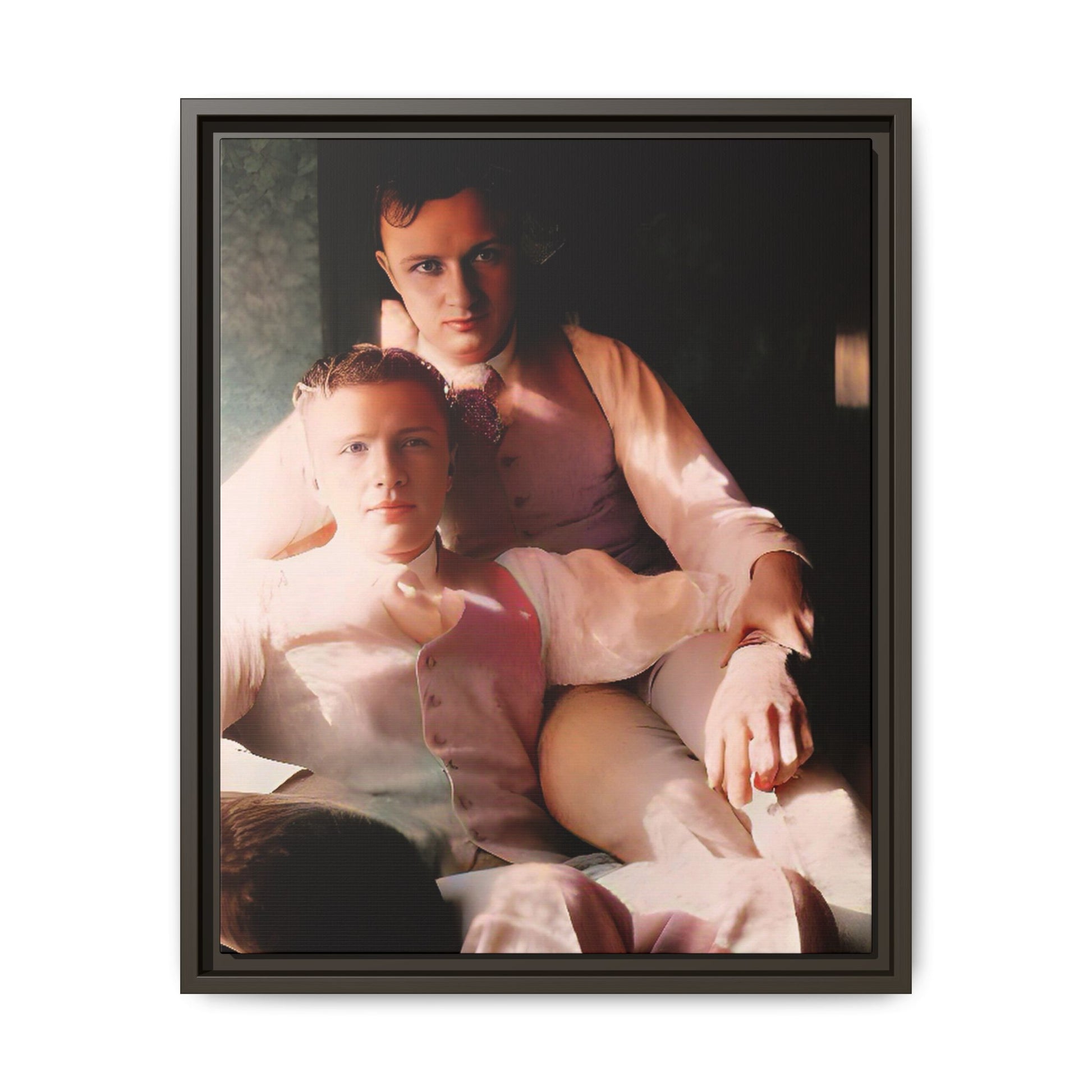 Restored vintage photograph of James and Henry, an early 1900s LGBTQ+ couple from Dayton, Ohio, sharing an intimate, sunlit moment. Framed matte canvas print celebrating love, devotion, and LGBTQ+ history. Gay Couple Affectionate Men