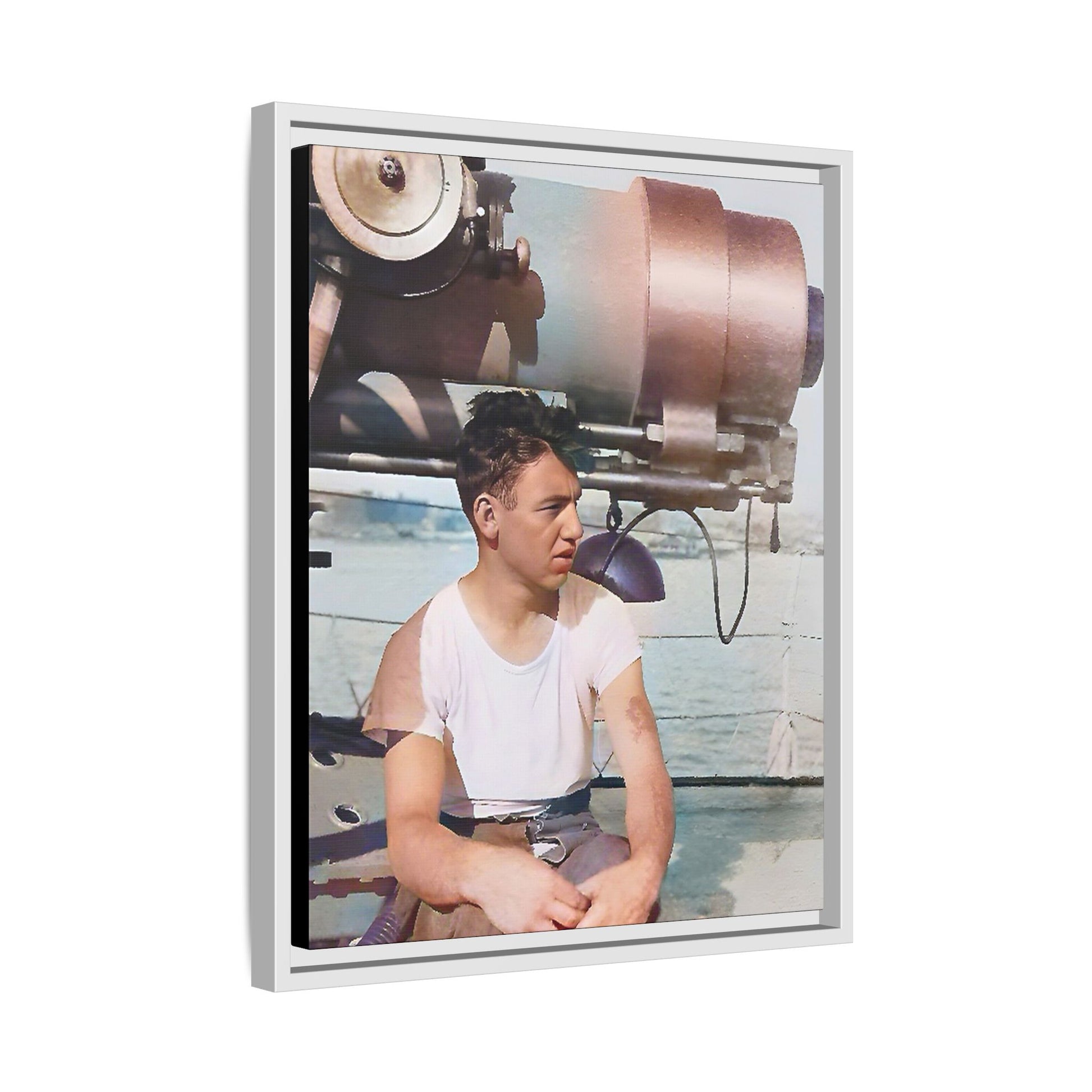 A restored vintage portrait of Harvey aboard the USS Oklahoma (BB-37). This framed matte canvas honors naval history, resilience, and service. Battleship Photo
