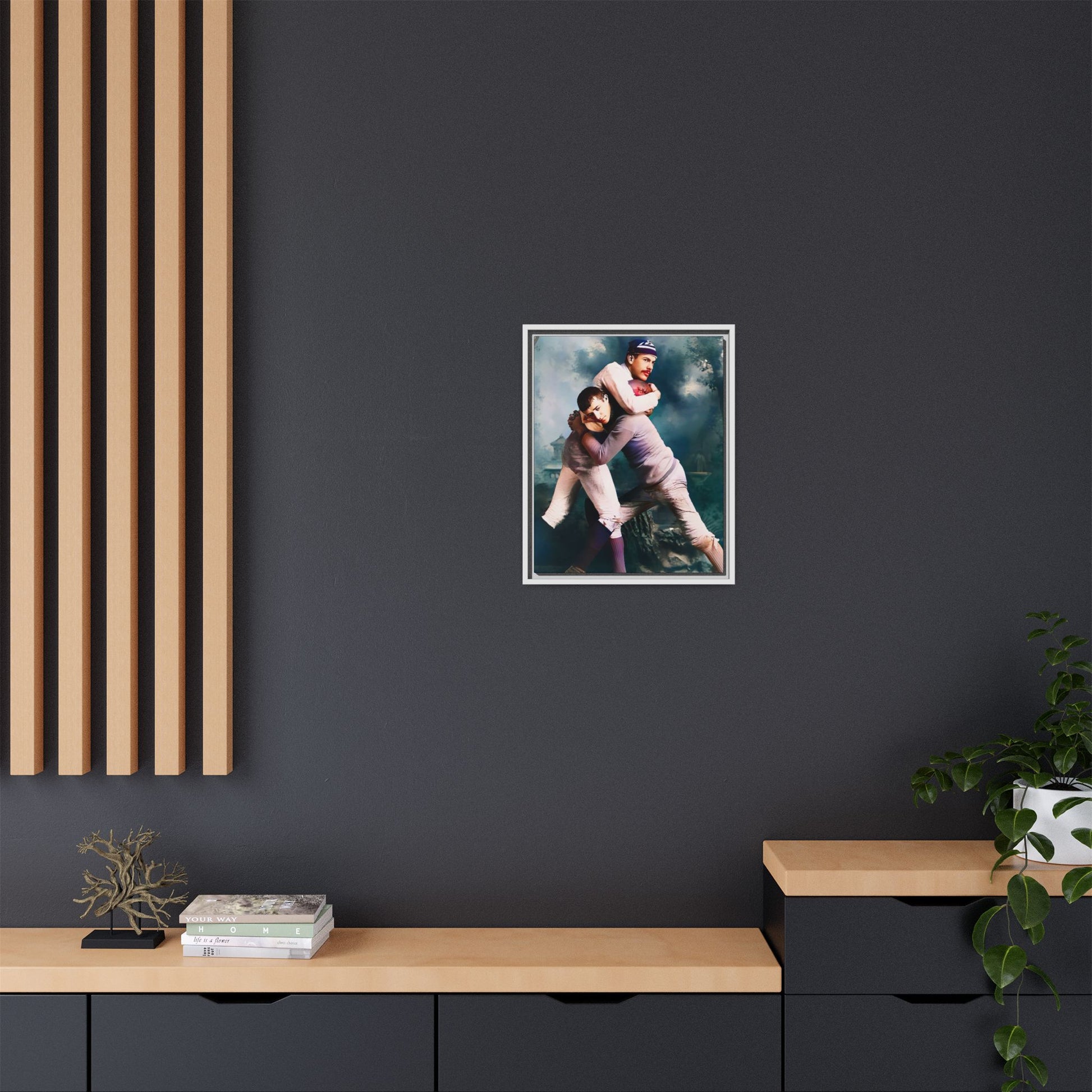 A framed vintage sports portrait on matte canvas featuring Theodore and Patrick in Chapel Hill, North Carolina, capturing timeless strength, camaraderie, and connection.