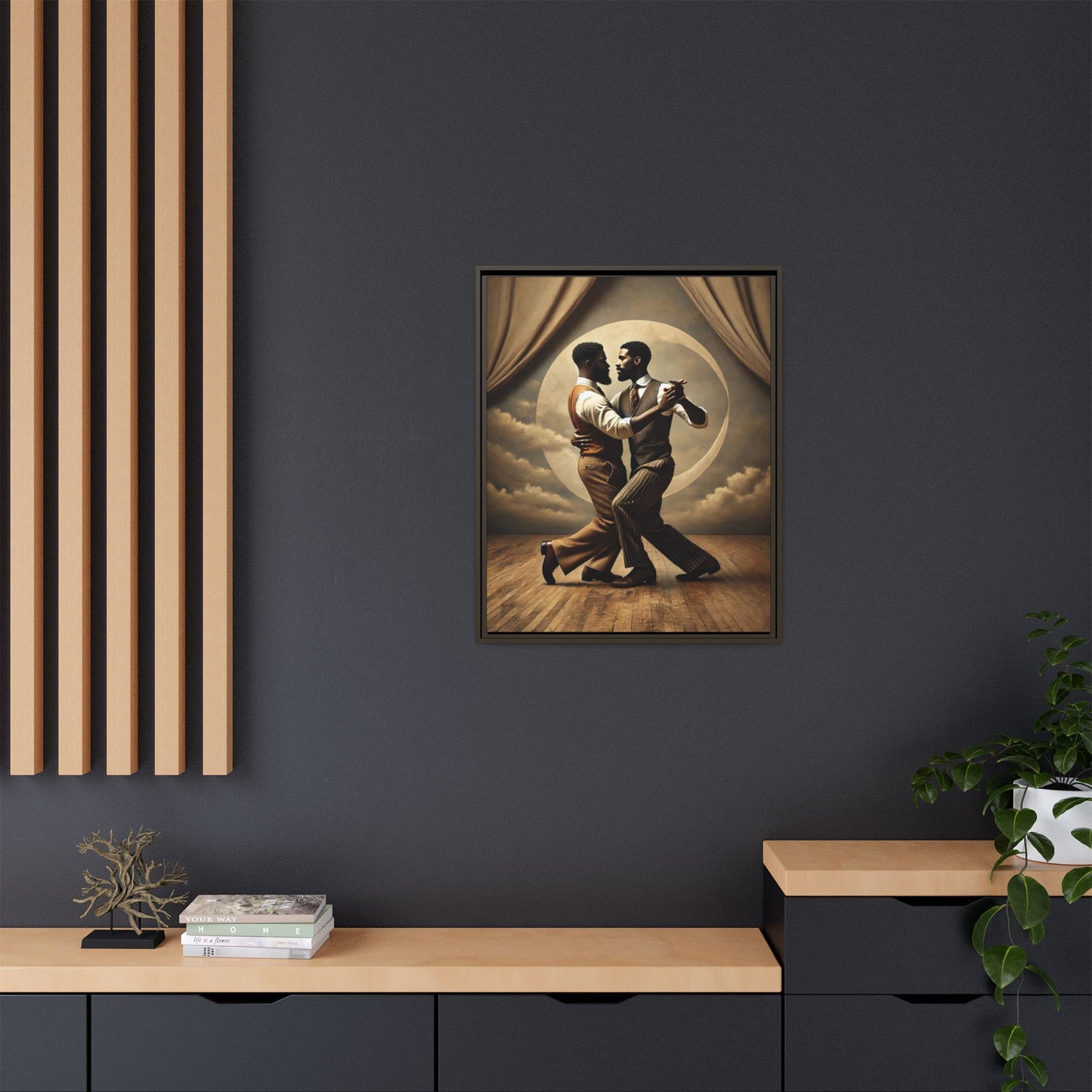 Original artwork of two Black men ballroom dancing in vintage 1920s suits under a glowing moon backdrop. A romantic and powerful tribute to queer love and Black history that reclaims moments lost to systemic bias and cultural erasure.