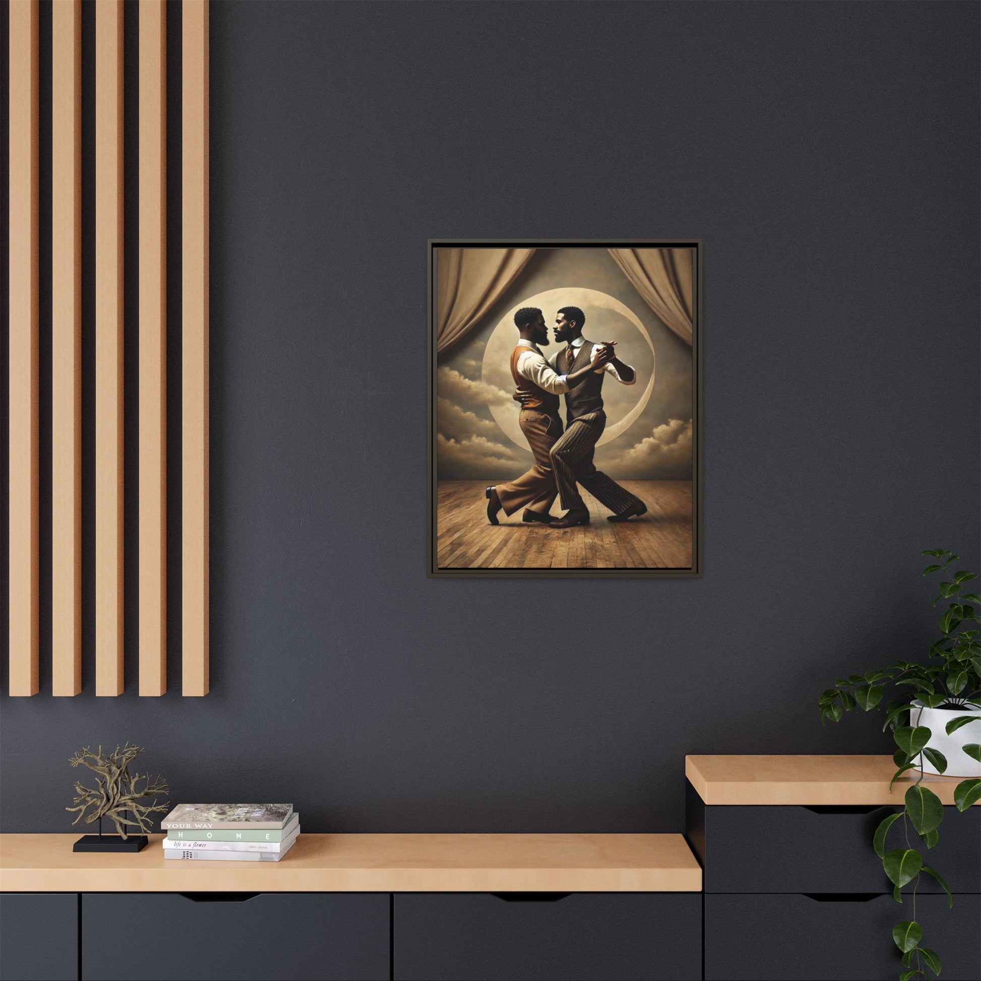 Original artwork of two Black men ballroom dancing in vintage 1920s suits under a glowing moon backdrop. A romantic and powerful tribute to queer love and Black history that reclaims moments lost to systemic bias and cultural erasure.