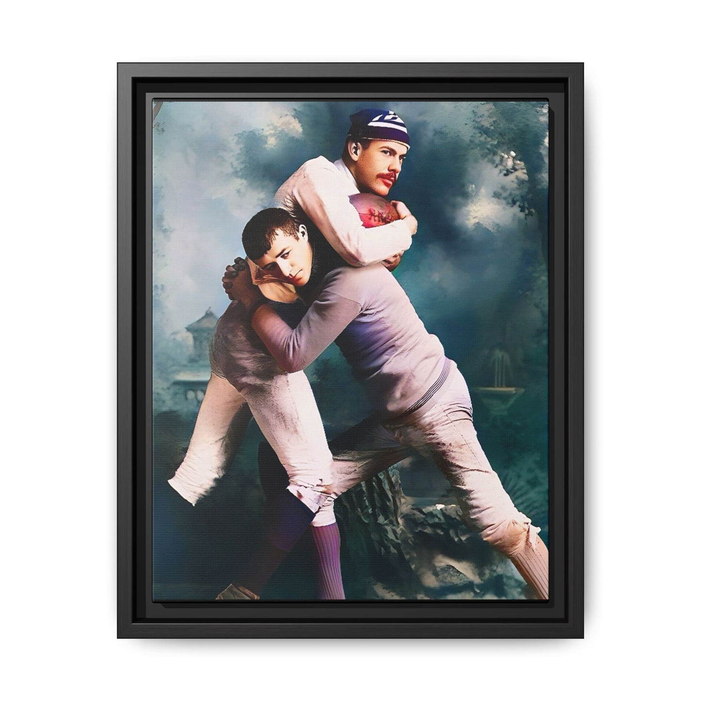 A framed vintage sports portrait on matte canvas featuring Theodore and Patrick in Chapel Hill, North Carolina, capturing timeless strength, camaraderie, and connection.