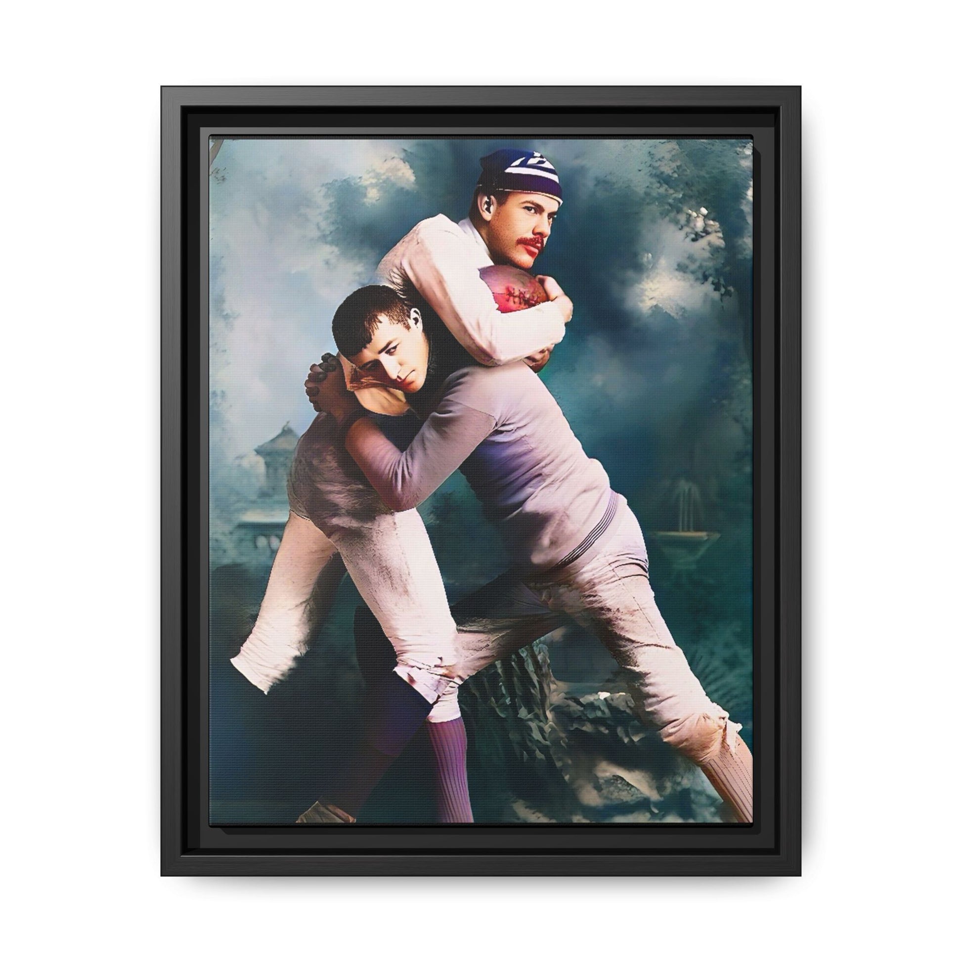 A framed vintage sports portrait on matte canvas featuring Theodore and Patrick in Chapel Hill, North Carolina, capturing timeless strength, camaraderie, and connection.