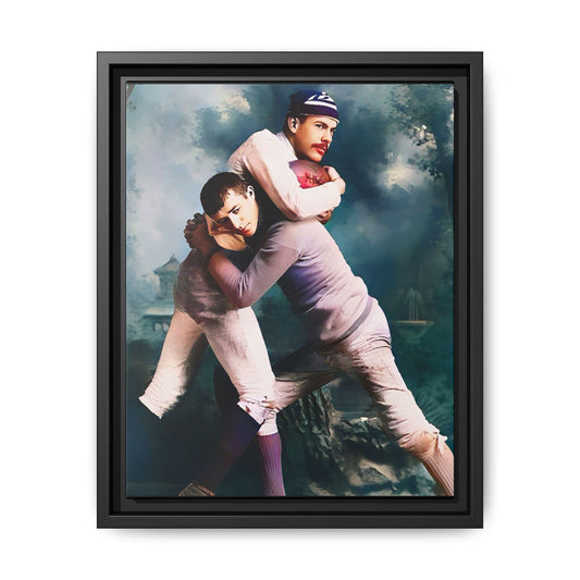A framed vintage sports portrait on matte canvas featuring Theodore and Patrick in Chapel Hill, North Carolina, capturing timeless strength, camaraderie, and connection.