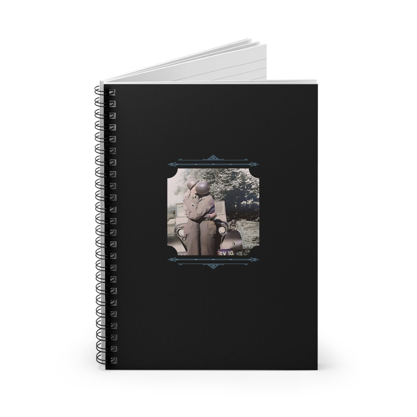 Colorized vintage photo of two WWII soldiers kissing beside a Army Jeep in full uniform, printed on a matte black notebook