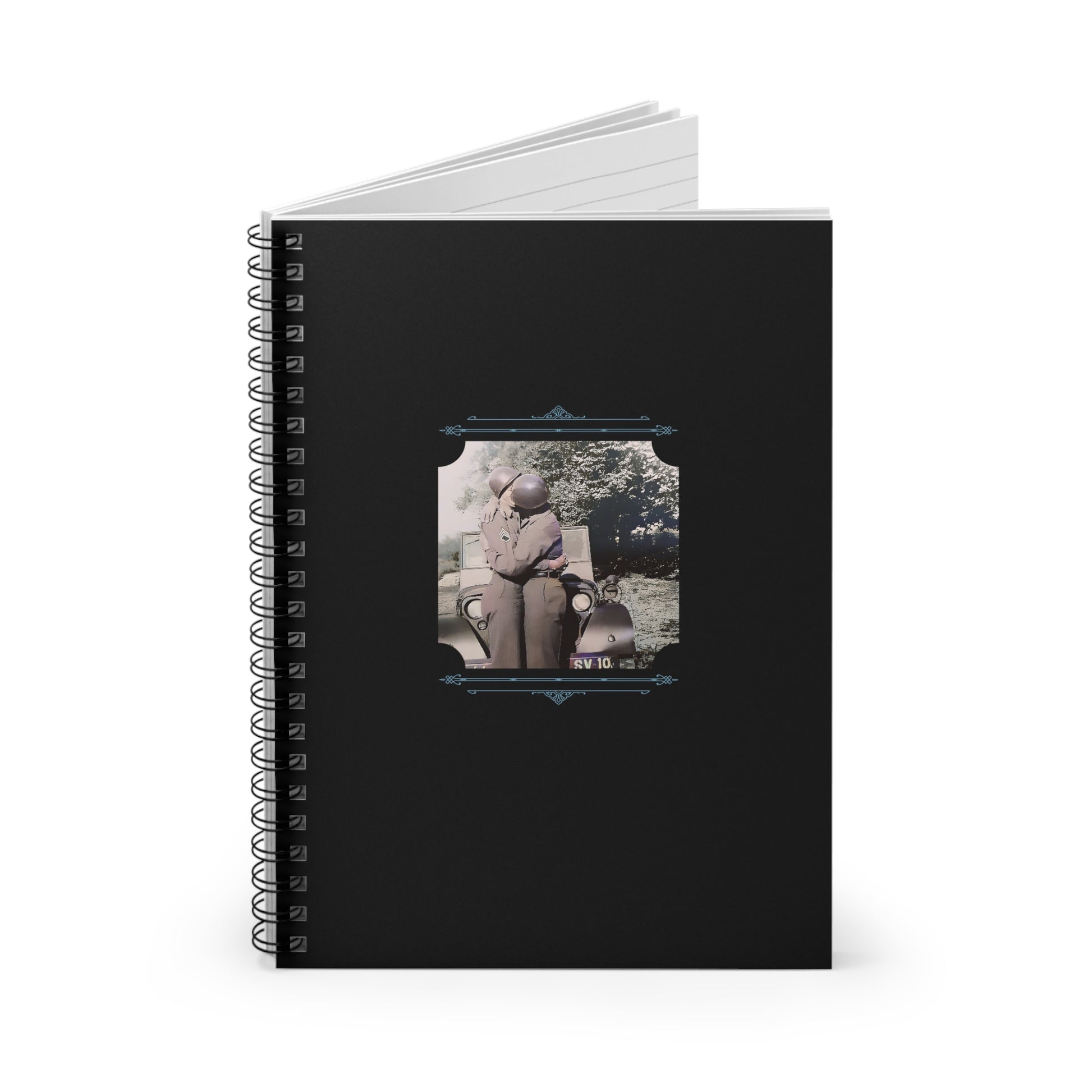 Colorized vintage photo of two WWII soldiers kissing beside a Army Jeep in full uniform, printed on a matte black notebook