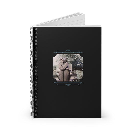 Colorized vintage photo of two WWII soldiers kissing beside a Army Jeep in full uniform, printed on a matte black notebook