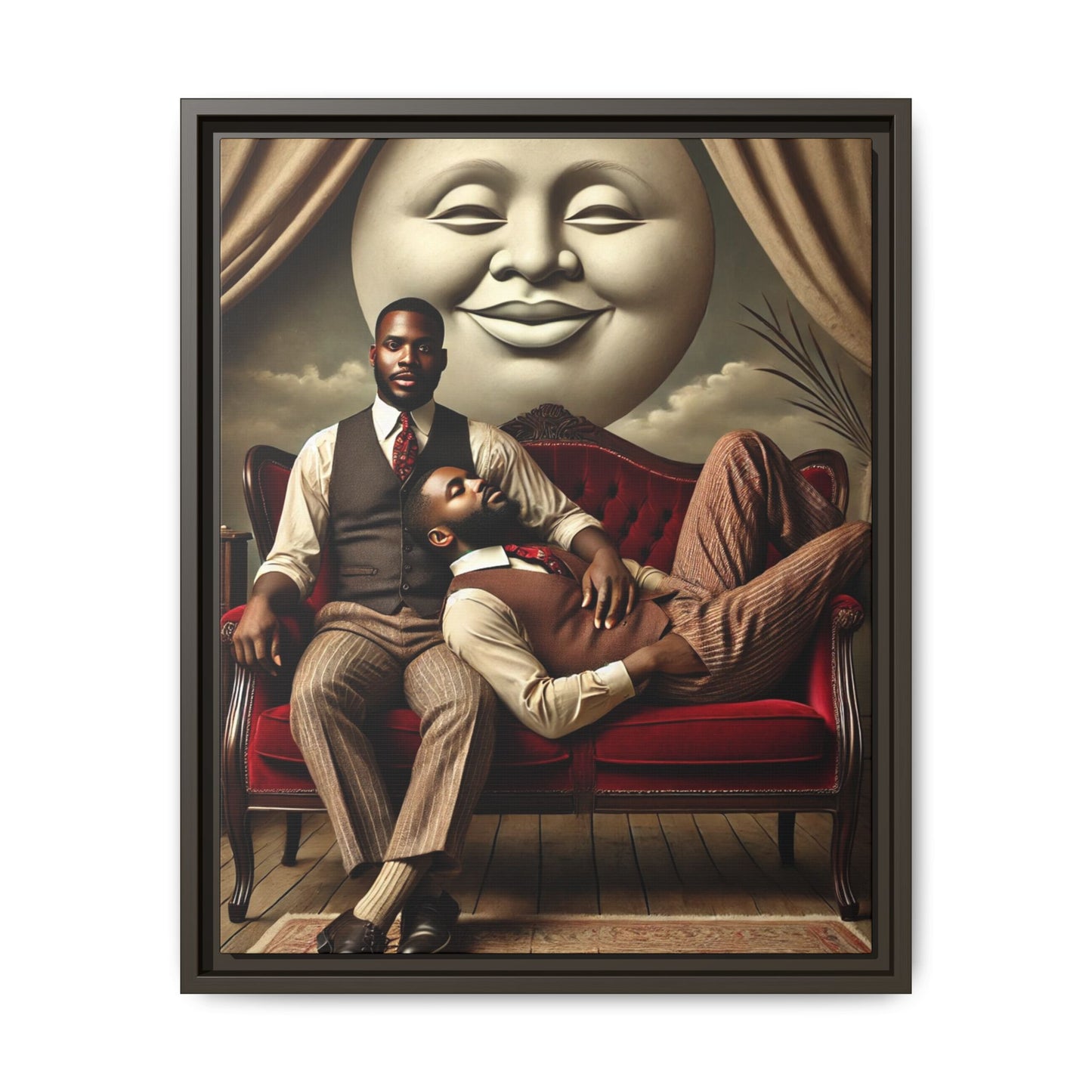 Vintage-style artwork of two Black men in 1920s clothing sitting and reclining together on a red velvet couch beneath a smiling full moon. The scene reclaims queer Black history and affection once lost to bias and invisibility.