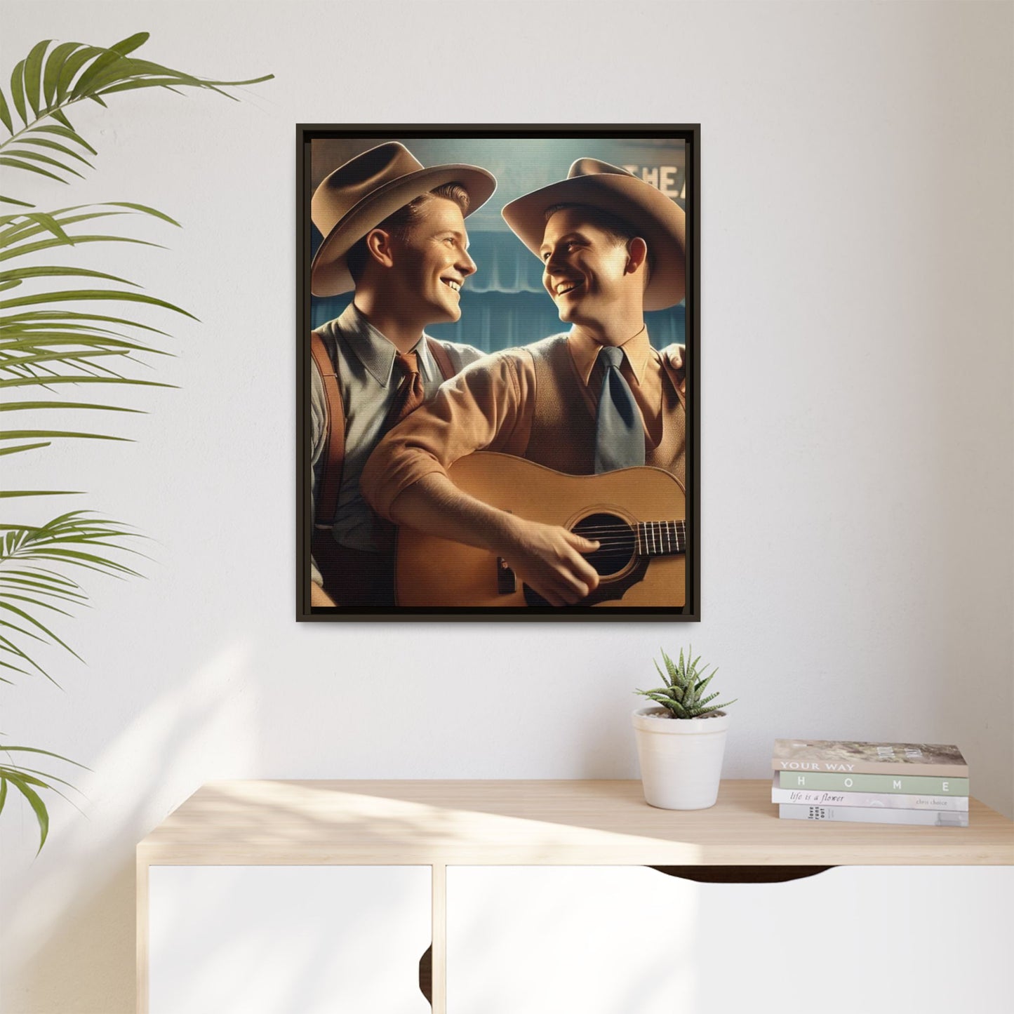 Artwork of a gay couple recording a country-western song in a 1930s-style studio. Dressed in classic Western attire with wide-brimmed hats and button-up shirts, the two men share an affectionate gaze, capturing love and unity in a nostalgic, vintage setting.