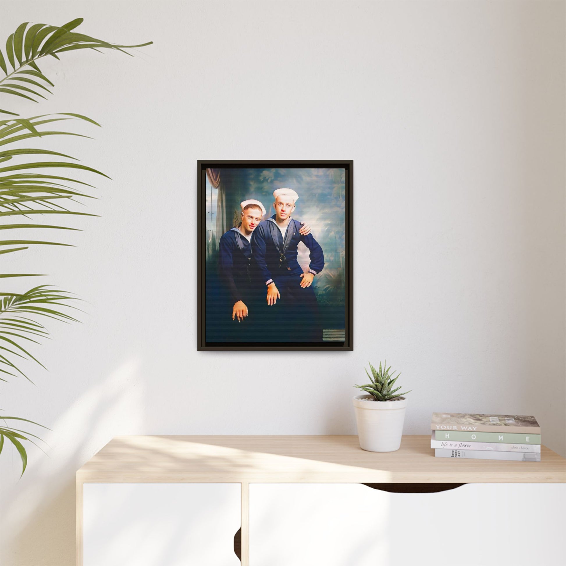 A restored vintage naval portrait of Thomas & Ervin at Naval Station Newport, Rhode Island. This framed matte canvas honors LGBTQ+ history, military service, and timeless camaraderie. Gay Couple