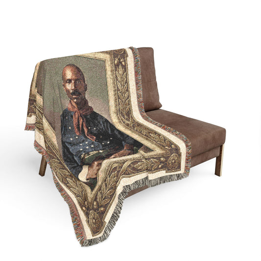 Late 19th-century seated man portrait gallery woven blanket in cotton textile format