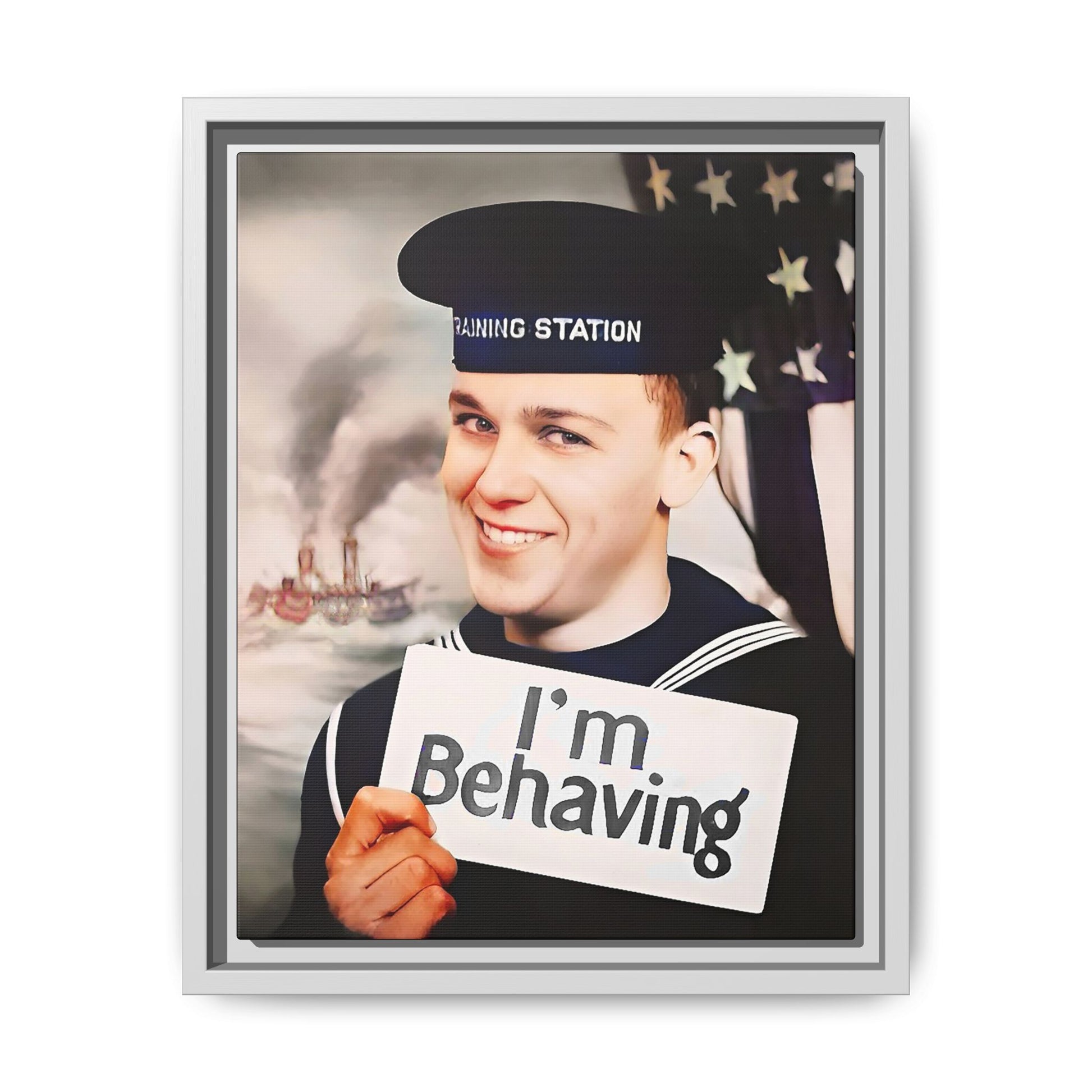 A vintage U.S. Navy sailor portrait featuring Carl at the Washington Navy Yard, grinning while holding a card reading "I'm Behaving." This framed matte canvas print is a charming mix of humor and military history, perfect for collectors and veterans.