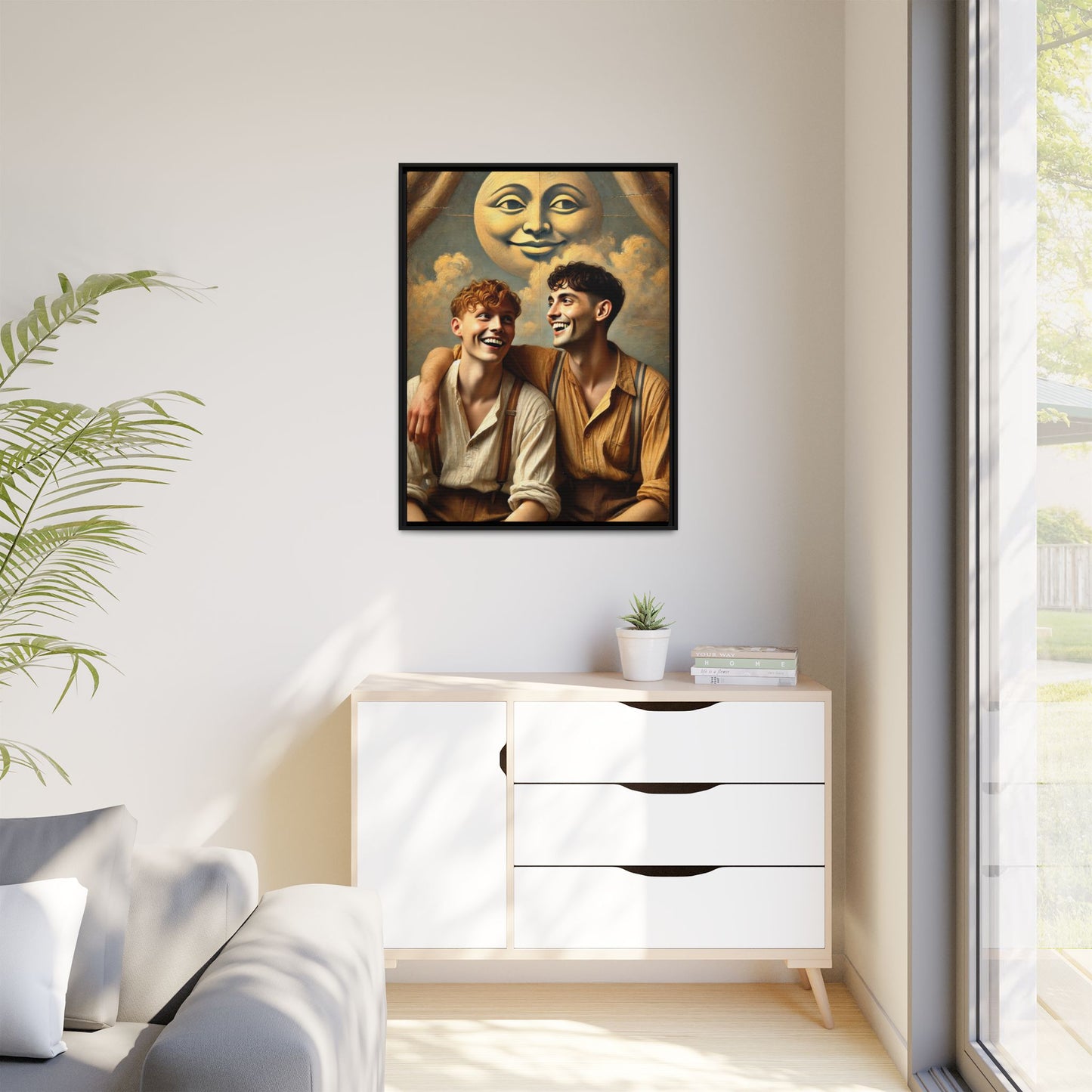Queer artwork of two joyful young men dressed in vintage clothing with rolled sleeves and suspenders, laughing under a large moon prop in a dreamy studio scene. A celebration of love and resilience reclaimed from forgotten queer histories.