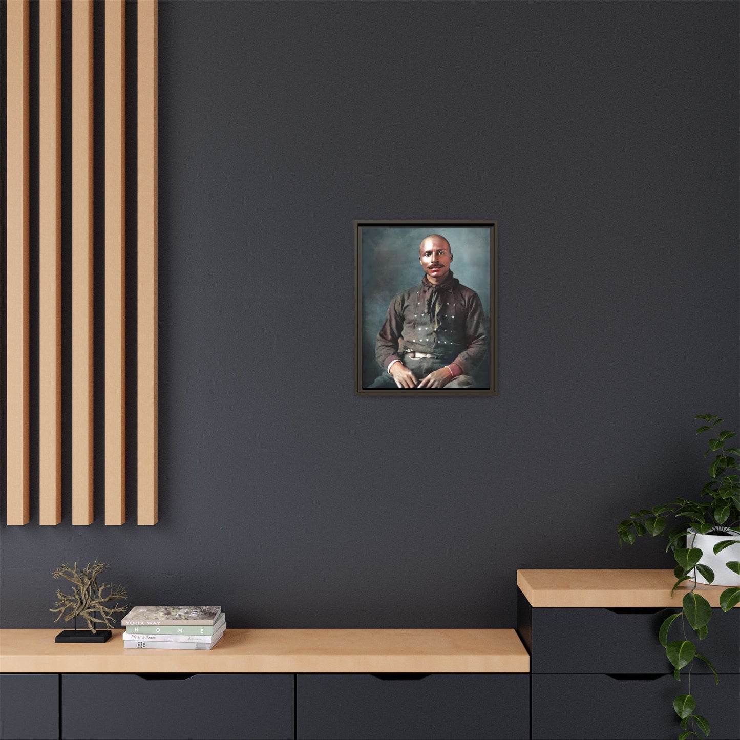 A vintage Western portrait of Jorge, capturing the rugged charm of the Old West in Mesa, Arizona. This framed matte canvas showcases resilience and classic cowboy style, perfect for rustic, Western, or Americana-inspired decor. Hispanic Latino