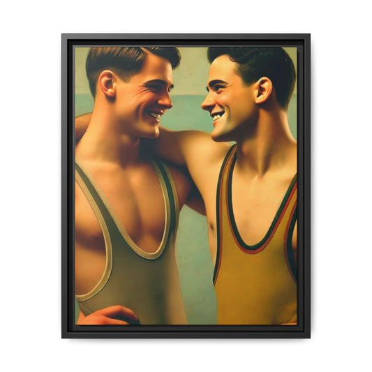 Framed artwork of two young wrestlers in vintage singlets sharing a candid moment, inspired by Grant Wood's Regionalist art style.