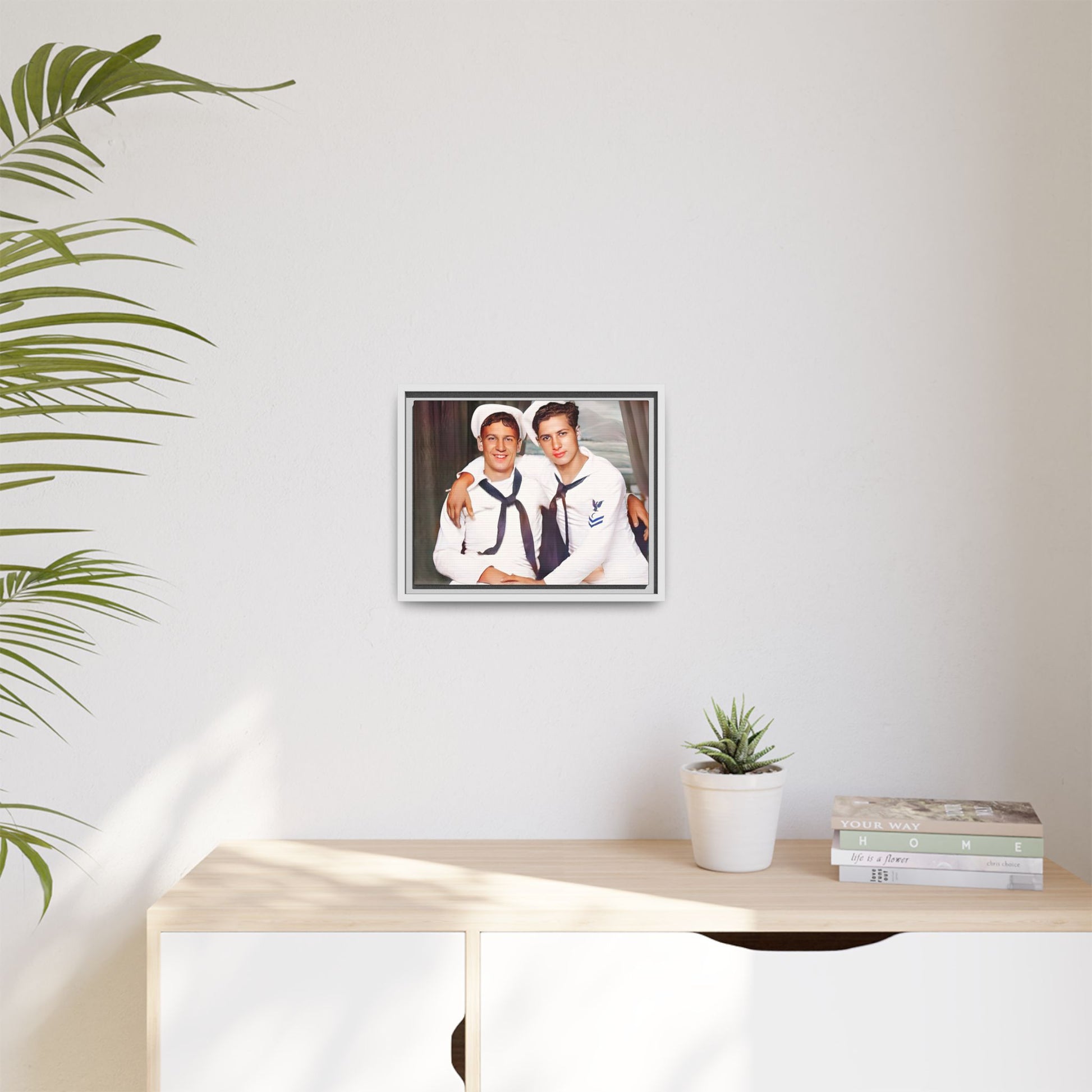 A restored vintage Navy portrait of Kenny and William at Fort Lee, Virginia. This framed matte canvas print honors military camaraderie, resilience, and LGBTQ+ history with a timeless tribute to friendship and love. Gay Couple Sailors Navy