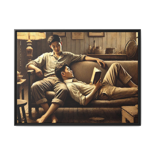 Framed artwork of an Asian-American gay couple sharing a tranquil moment on a rustic sofa, inspired by Grant Wood’s style