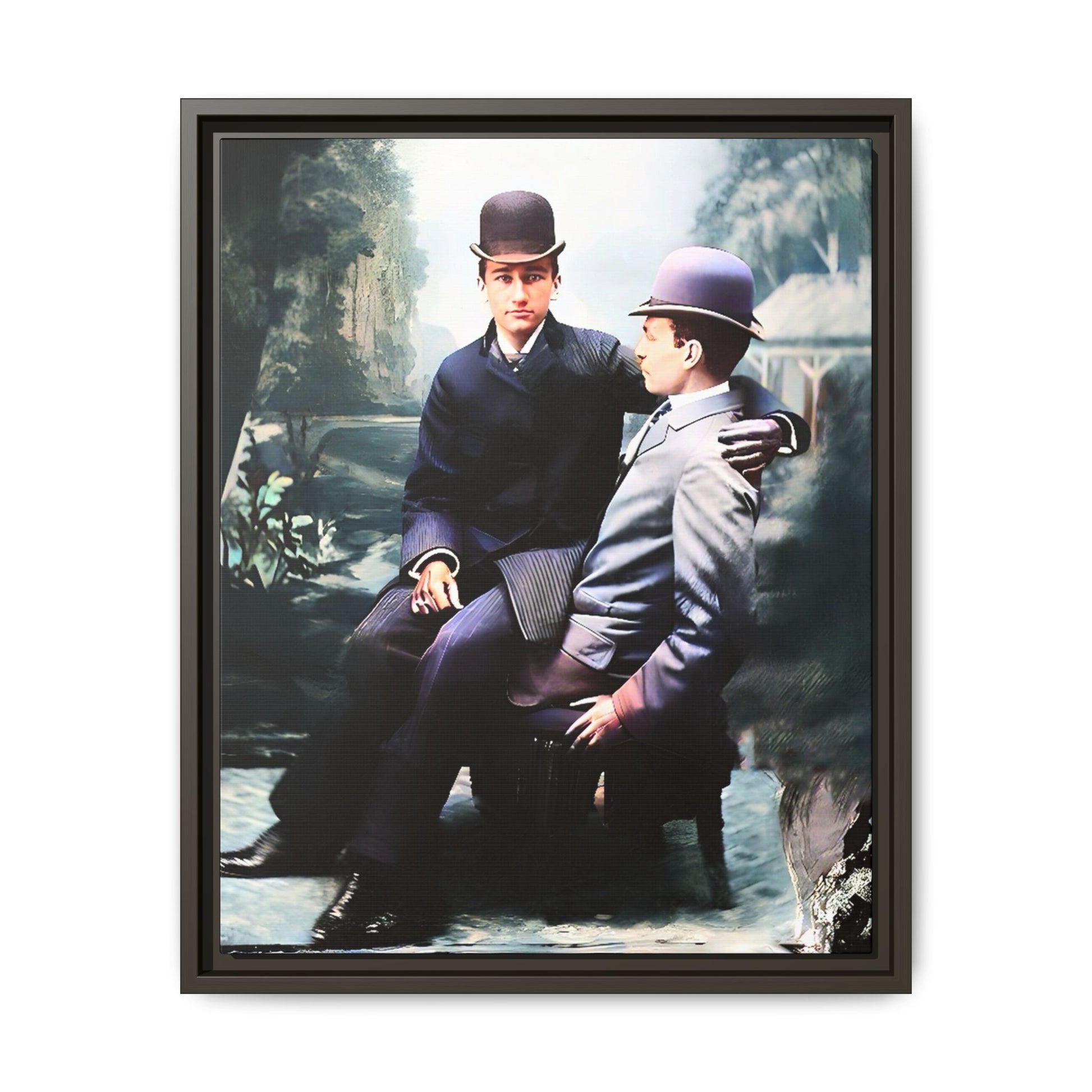 Restored 1800s photo of Cash & Arwood, Irish gay couple in loving pose, framed canvas print