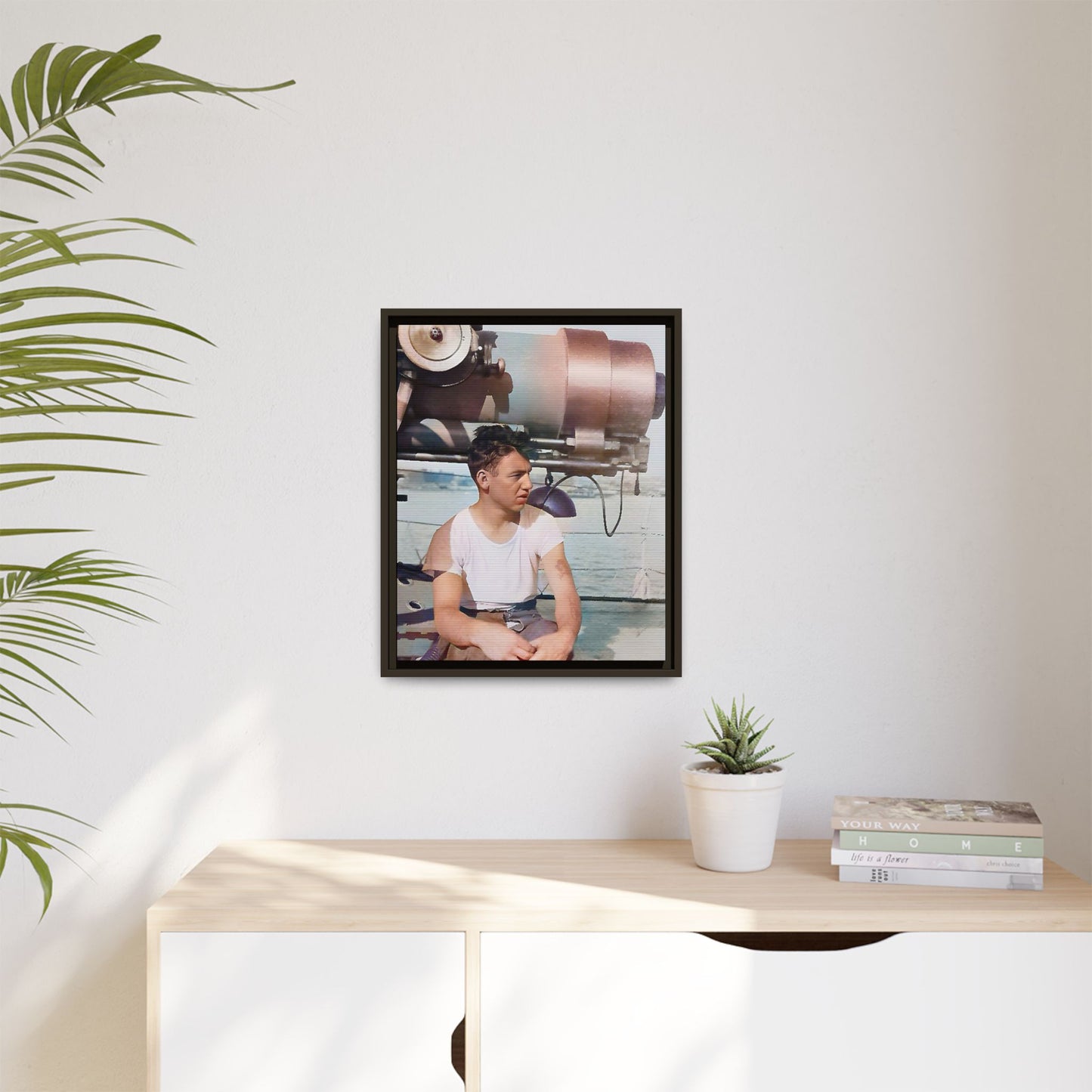 A restored vintage portrait of Harvey aboard the USS Oklahoma (BB-37). This framed matte canvas honors naval history, resilience, and service. Battleship Photo