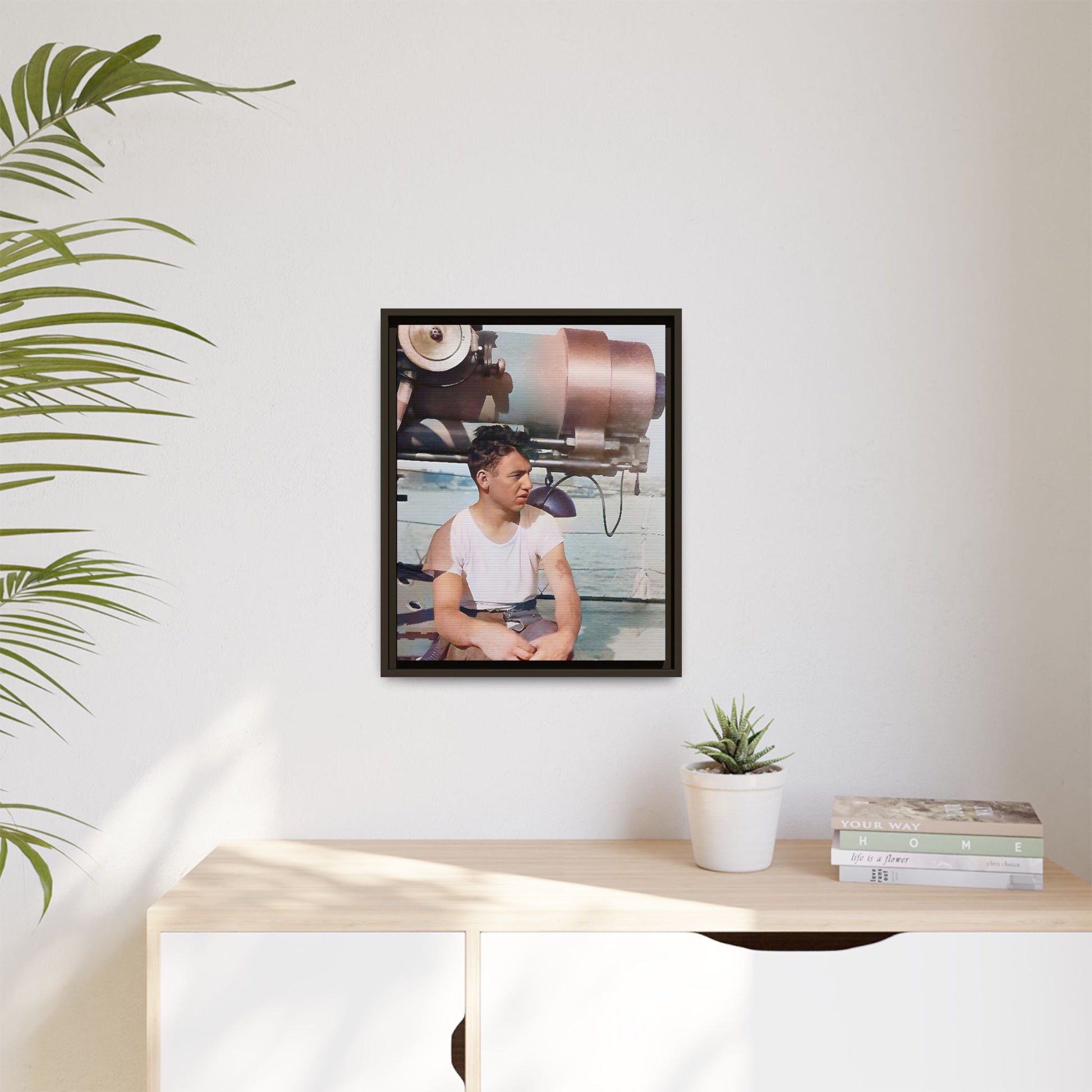 A restored vintage portrait of Harvey aboard the USS Oklahoma (BB-37). This framed matte canvas honors naval history, resilience, and service. Battleship Photo