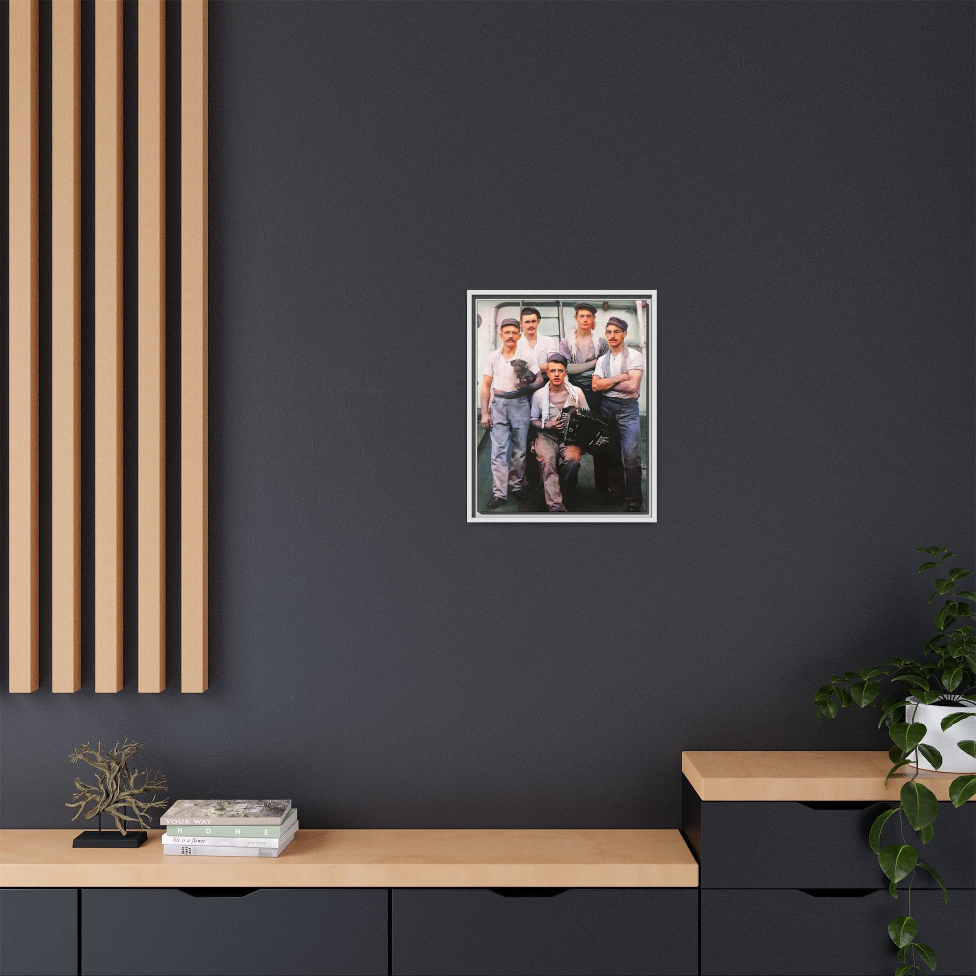 A vintage maritime photograph printed on matte canvas, featuring sailors aboard the Waimarino Cargo Ship, highlighting companionship, tradition, and the spirit of life at sea.