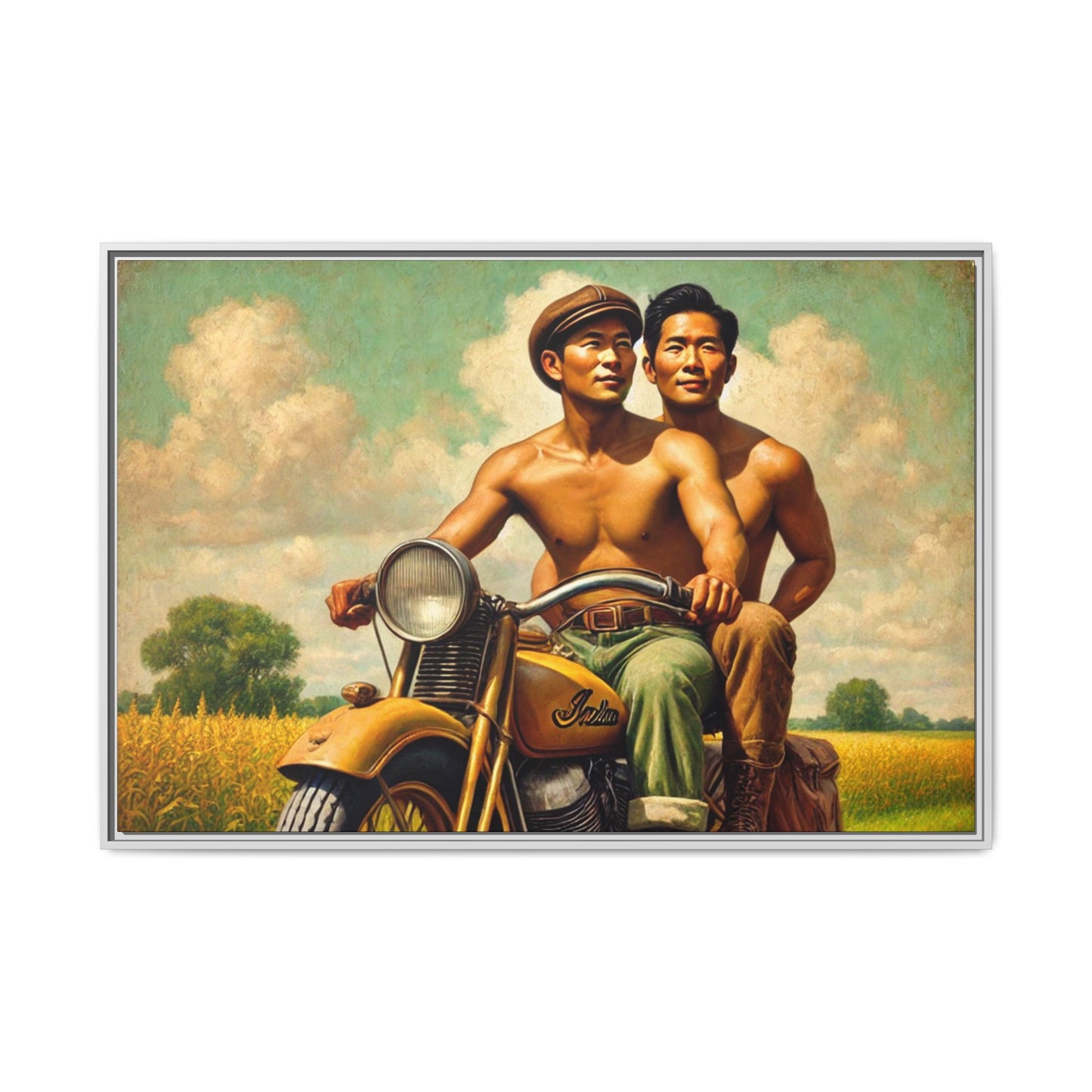 Framed artwork of an Asian-American gay couple riding a vintage yellow motorcycle through Iowa's serene countryside, celebrating love and unity.