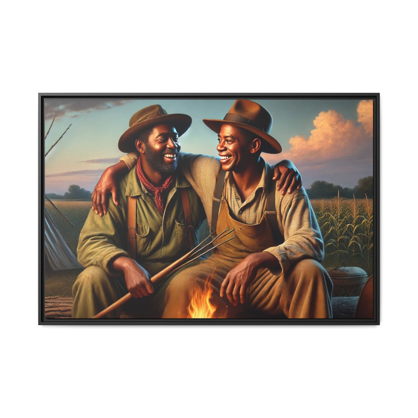 Artwork of an older African-American queer couple sharing a warm, joyful moment by a campfire in rural Iowa. Set against vast fields and an open sky, the scene captures love, resilience, and the nostalgic beauty of Americana, with firelight illuminating their laughter and companionship