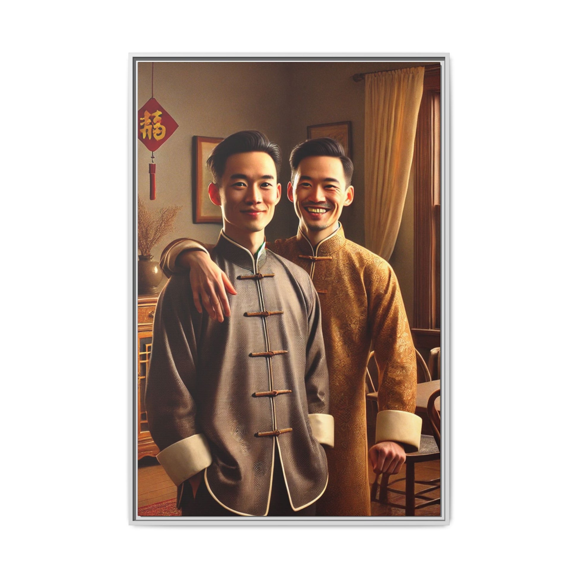 Artwork featuring a joyful portrait of a Chinese queer couple celebrating Chinese New Year in traditional attire. Set in a cozy American home adorned with subtle decorations, this image captures love, cultural pride, and warmth, blending Chinese heritage with a Midwestern setting