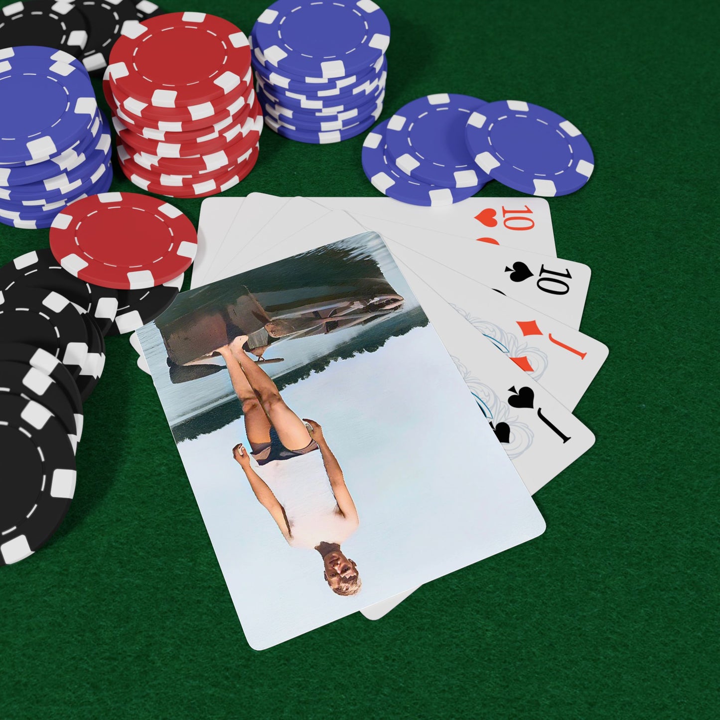 Vintage poker cards featuring a restored photo of a young man on a wooden boat at Creve Coeur Lake, Missouri.