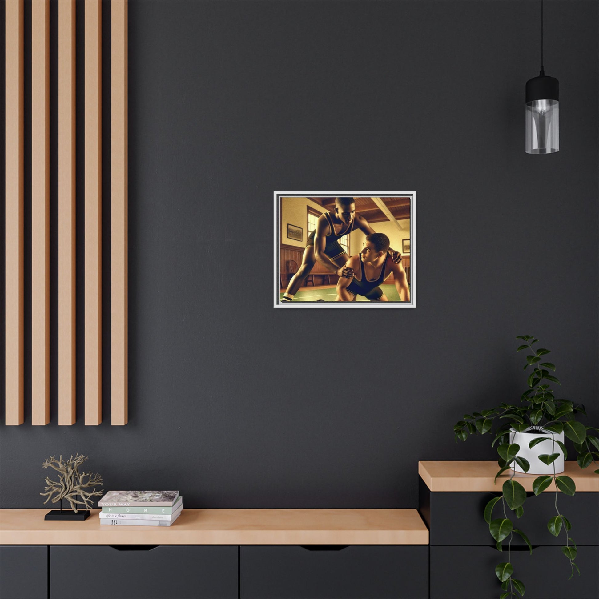 Framed canvas artwork inspired by Grant Wood featuring African-American and European-American wrestlers in a vintage gymnasium. A tribute to unity, diversity, and regionalist art.