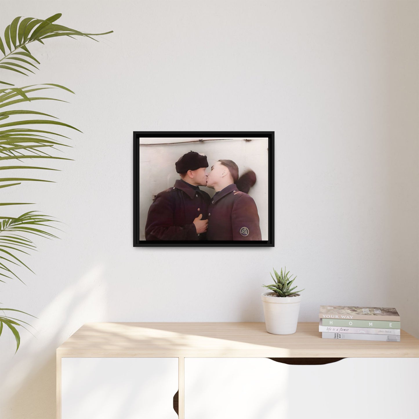 A restored vintage photograph of two Russian soldiers in uniform sharing an intimate moment at a military outpost in Surgut, Russia. Their embrace reflects resilience, love, and defiance against societal norms, making this a powerful tribute to LGBTQ+ history and wartime romance. Винтажное фото | гей-пара