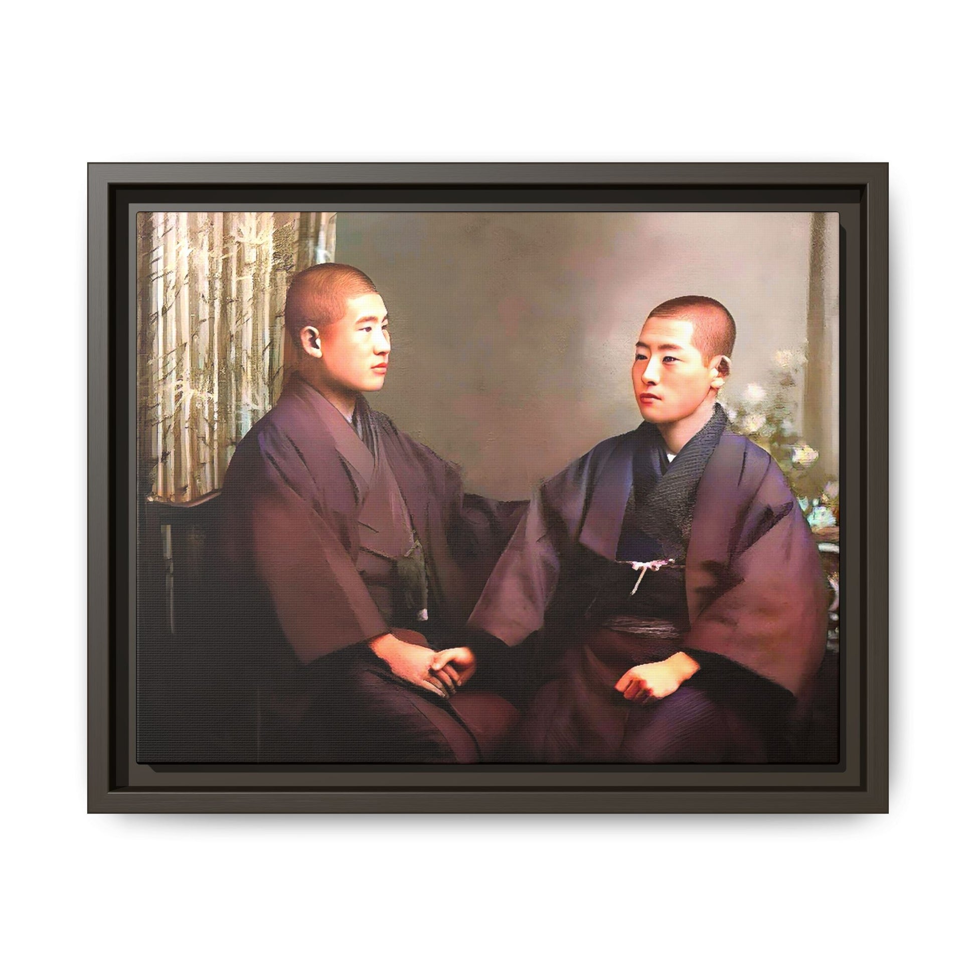 A vintage portrait of Hiroto & Atsushi in Kyoto, Japan. This framed matte canvas celebrates LGBTQ+ love, cultural heritage, and timeless elegance, making it a unique and meaningful art piece for collectors and history enthusiasts. Gay Couple