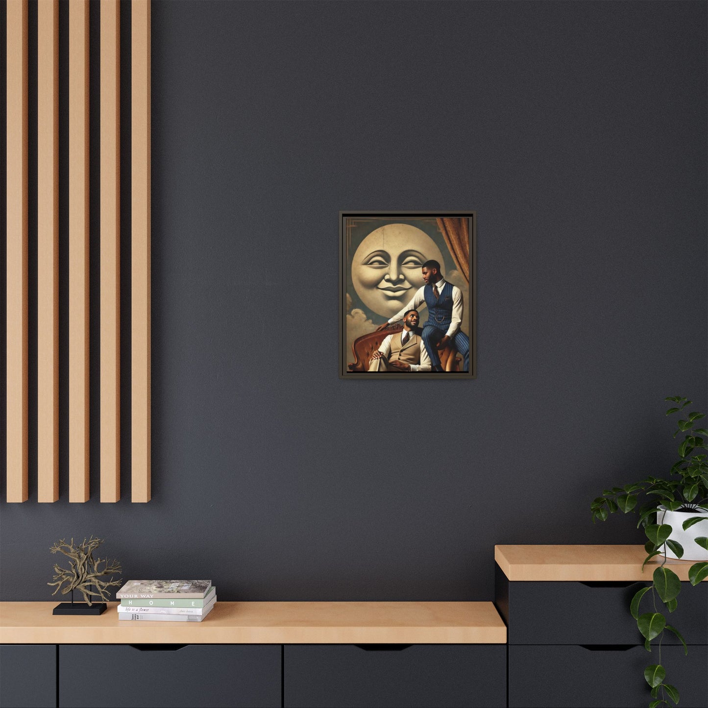 An elegant portrait of two Black men in vintage suits, seated affectionately beneath a smiling full moon. This 1920s-inspired artwork reclaims lost LGBTQ history, honoring Black queer love through style, softness, and resilience.