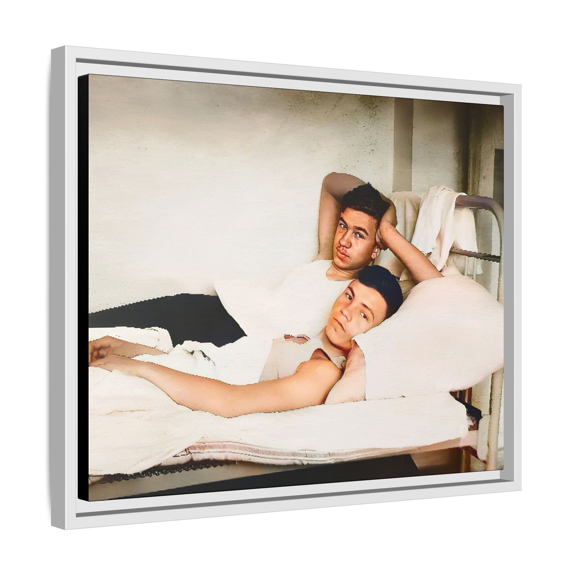 A vintage Gay couple portrait of Vernon & Jesse in Portland, Maine. This framed canvas print captures an intimate and heartfelt moment, making it a timeless addition to any home decor or a meaningful gift celebrating love and history. Men in Bed