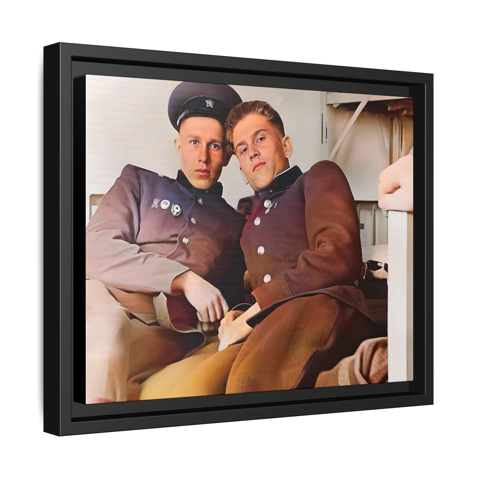 A restored vintage photograph of two Russian soldiers in uniform, seated together in their quarters in Volgograd, Russia. Their relaxed postures and warm expressions capture a moment of camaraderie, resilience, and military history. A powerful tribute to LGBTQ+ representation in the armed forces. Gay Couple Винтажное фото  гей-пара