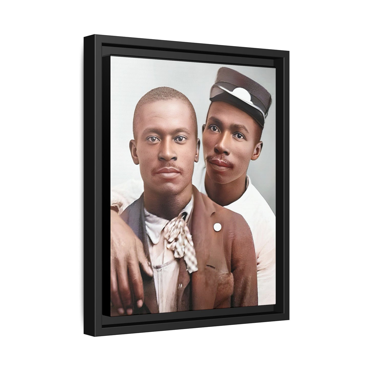A restored vintage portrait of Willie & Louis at Metro-North Railroad in Harlem, New York. This framed matte canvas celebrates LGBTQ+ history, African American heritage, and timeless love. Gay Couple