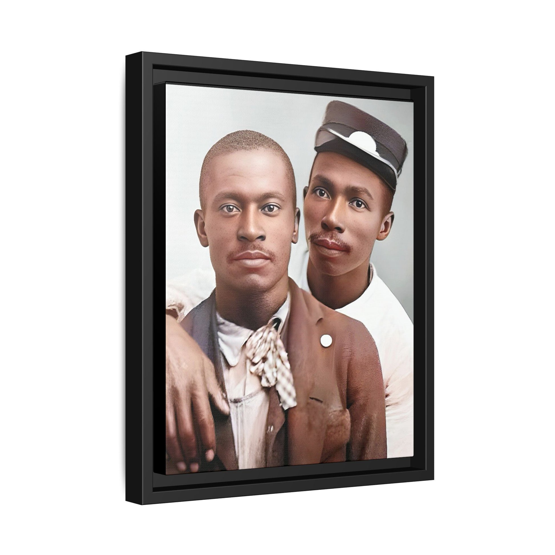 A restored vintage portrait of Willie & Louis at Metro-North Railroad in Harlem, New York. This framed matte canvas celebrates LGBTQ+ history, African American heritage, and timeless love. Gay Couple