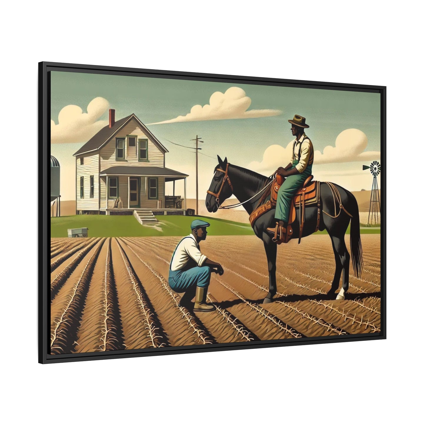 Artwork of an African American queer couple working together on a farm in a serene, vintage-inspired landscape. One man sits on horseback, gazing warmly at his partner, who examines the soil, symbolizing their partnership in both love and labor. The scene captures resilience, companionship, and the beauty of rural life.
