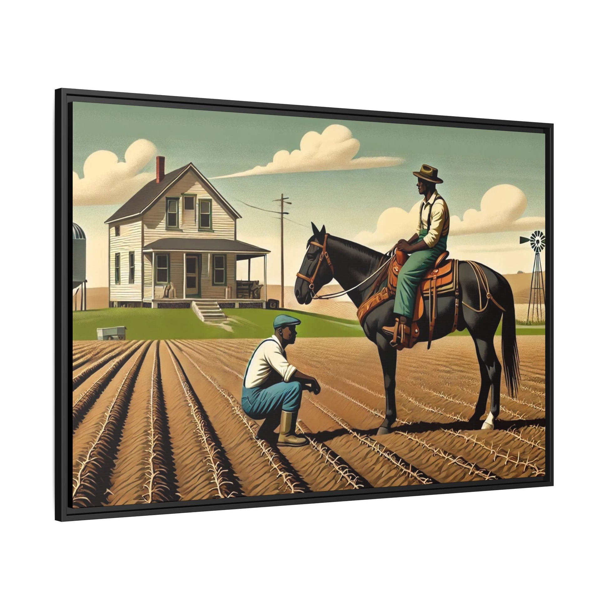 Artwork of an African American queer couple working together on a farm in a serene, vintage-inspired landscape. One man sits on horseback, gazing warmly at his partner, who examines the soil, symbolizing their partnership in both love and labor. The scene captures resilience, companionship, and the beauty of rural life.