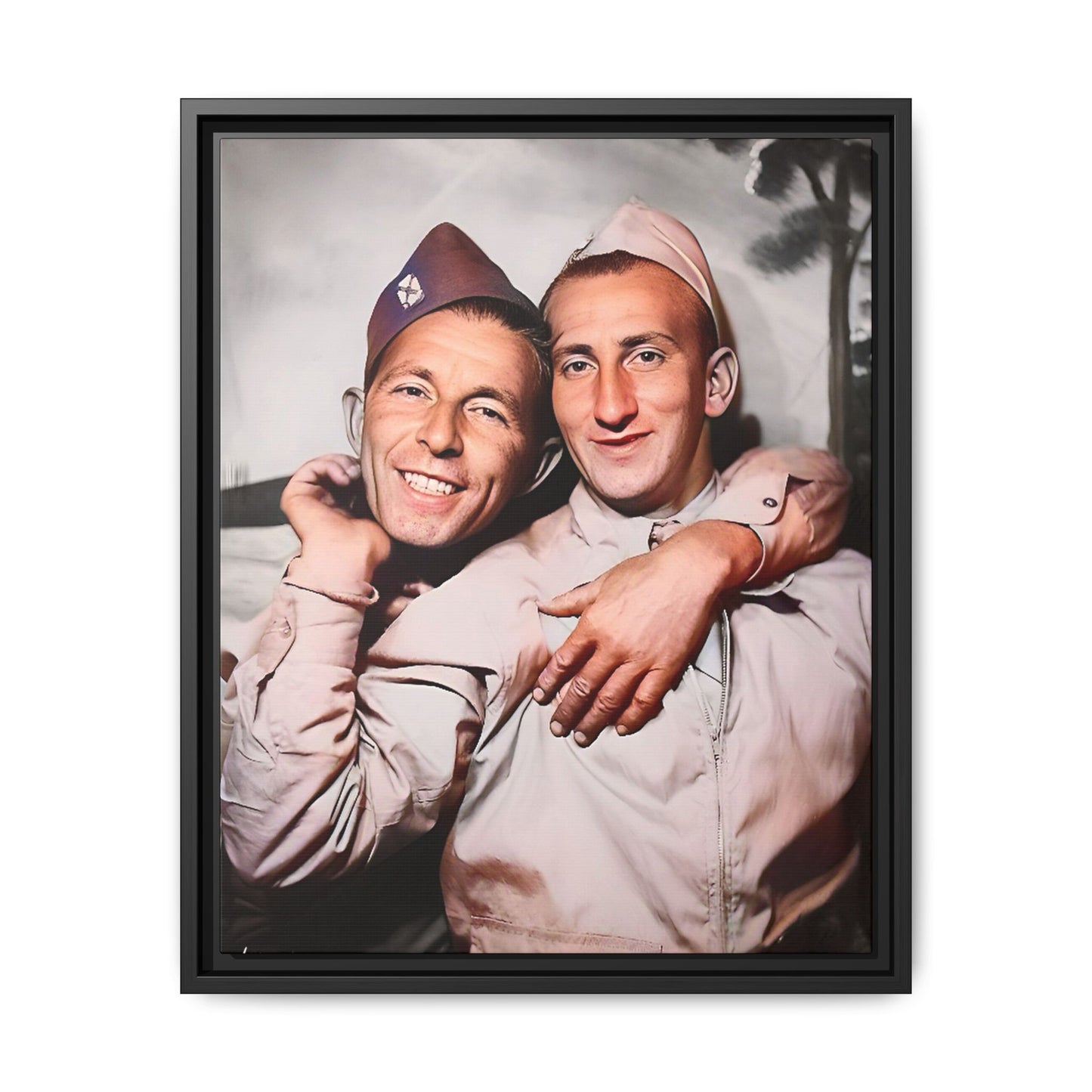 A framed vintage military photo on matte canvas featuring a loving couple at Fort Jackson, South Carolina, honoring LGBTQ+ history and resilience.