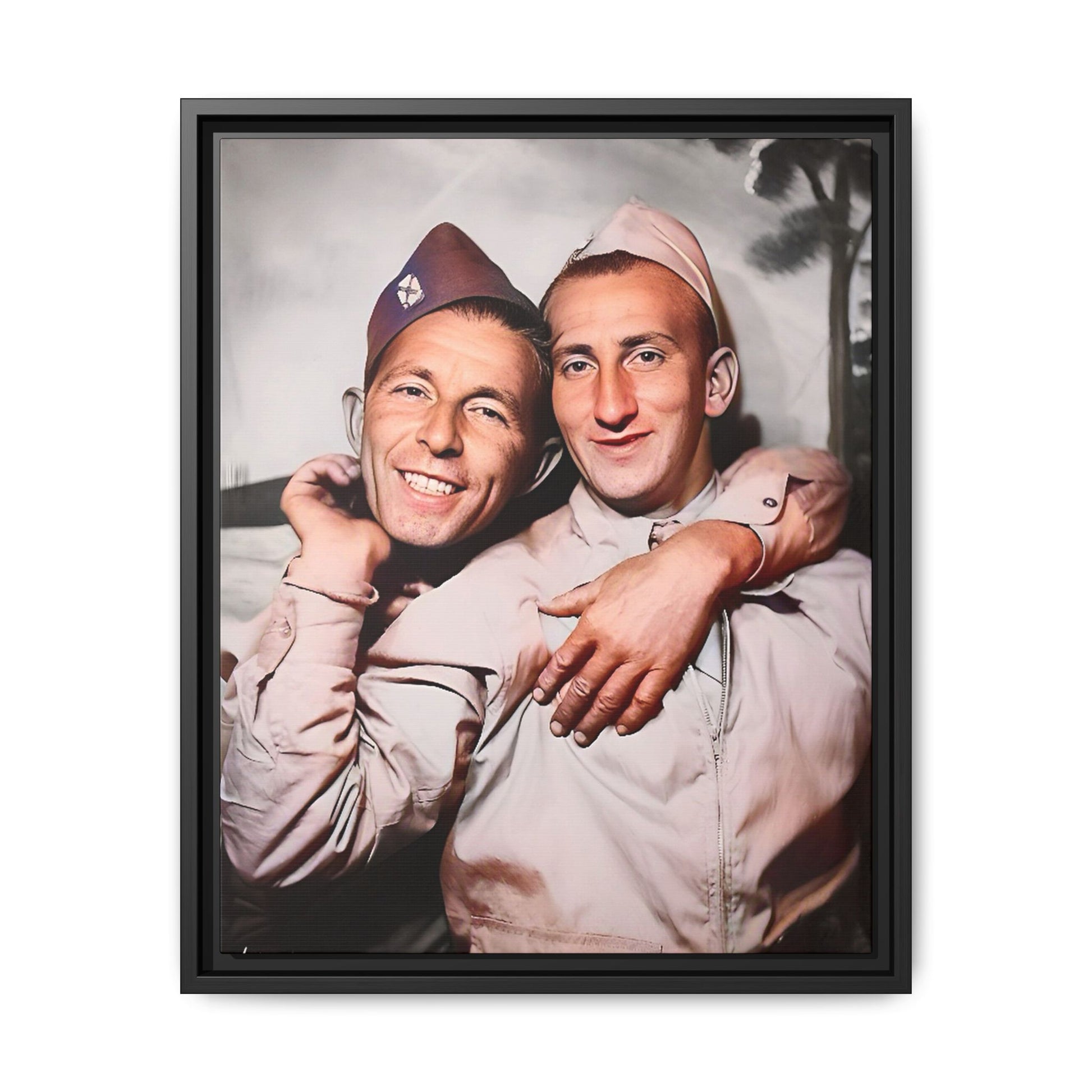 A framed vintage military photo on matte canvas featuring a loving couple at Fort Jackson, South Carolina, honoring LGBTQ+ history and resilience.