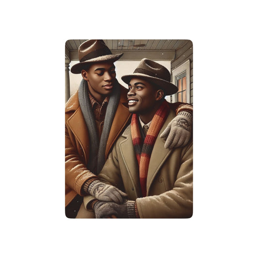 Vintage-inspired poker deck featuring two African American men embracing on a snow-covered porch, celebrating queer love and history