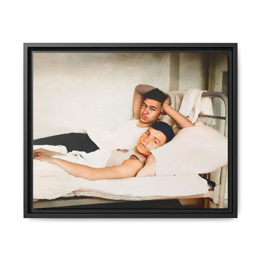 A vintage Gay couple portrait of Vernon & Jesse in Portland, Maine. This framed canvas print captures an intimate and heartfelt moment, making it a timeless addition to any home decor or a meaningful gift celebrating love and history.