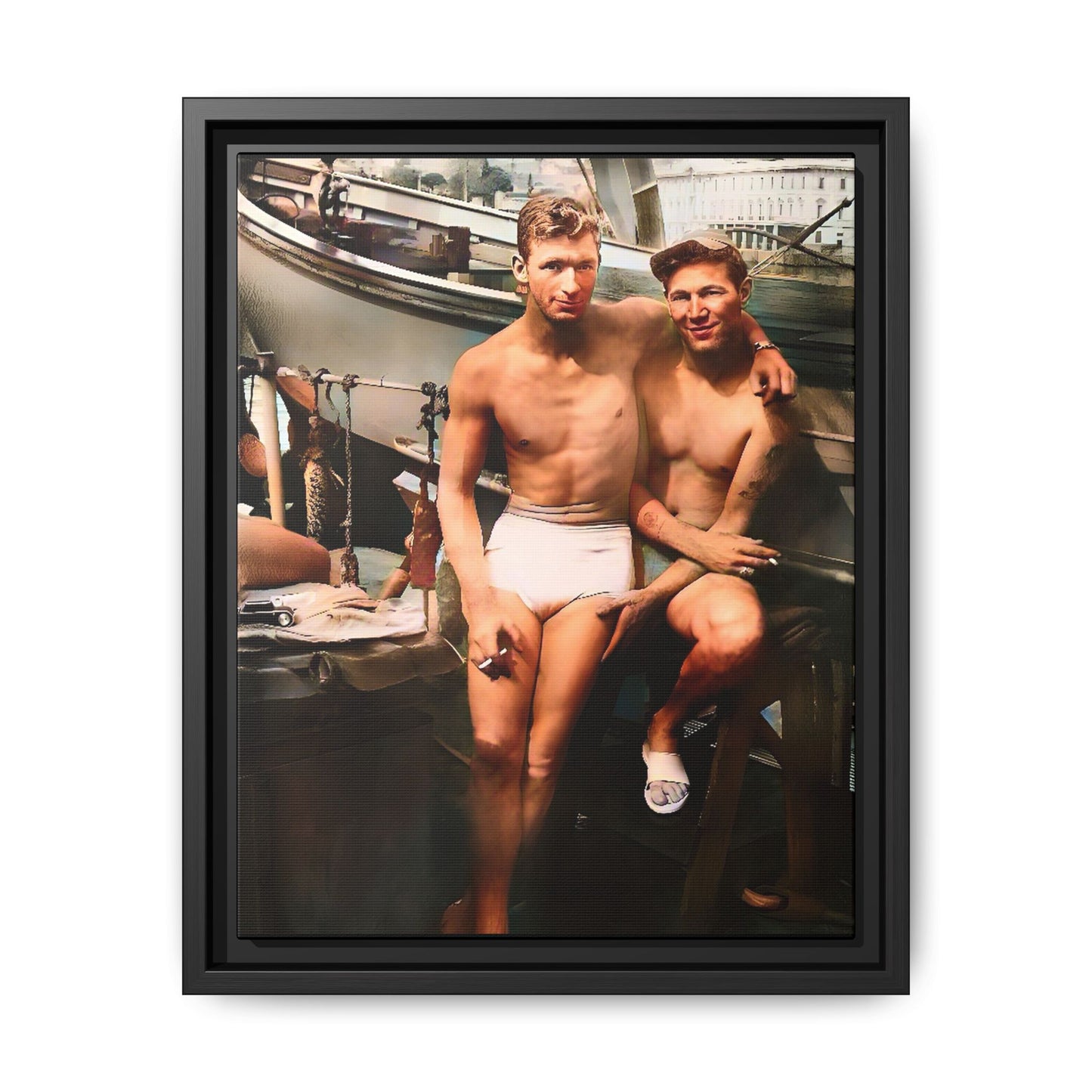 A framed vintage nautical portrait on matte canvas featuring Richard and Joey in Gulf Shores, Alabama, capturing timeless LGBTQ+ connection and coastal charm. Gay Couple